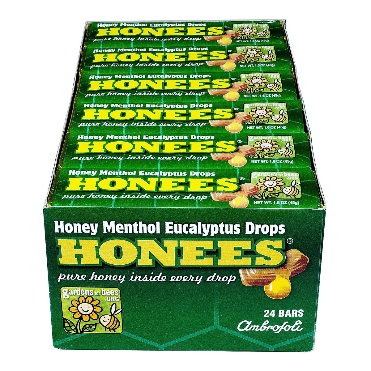 Pastillas Honees Mentol Eucalipto en caja de 24 para un refrescante impulso.