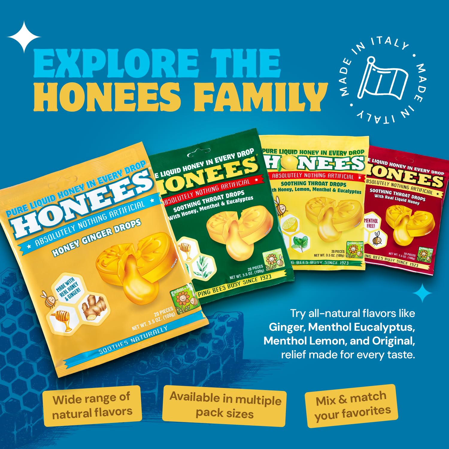 Presentación variada de Honees para elegir sabores naturales.