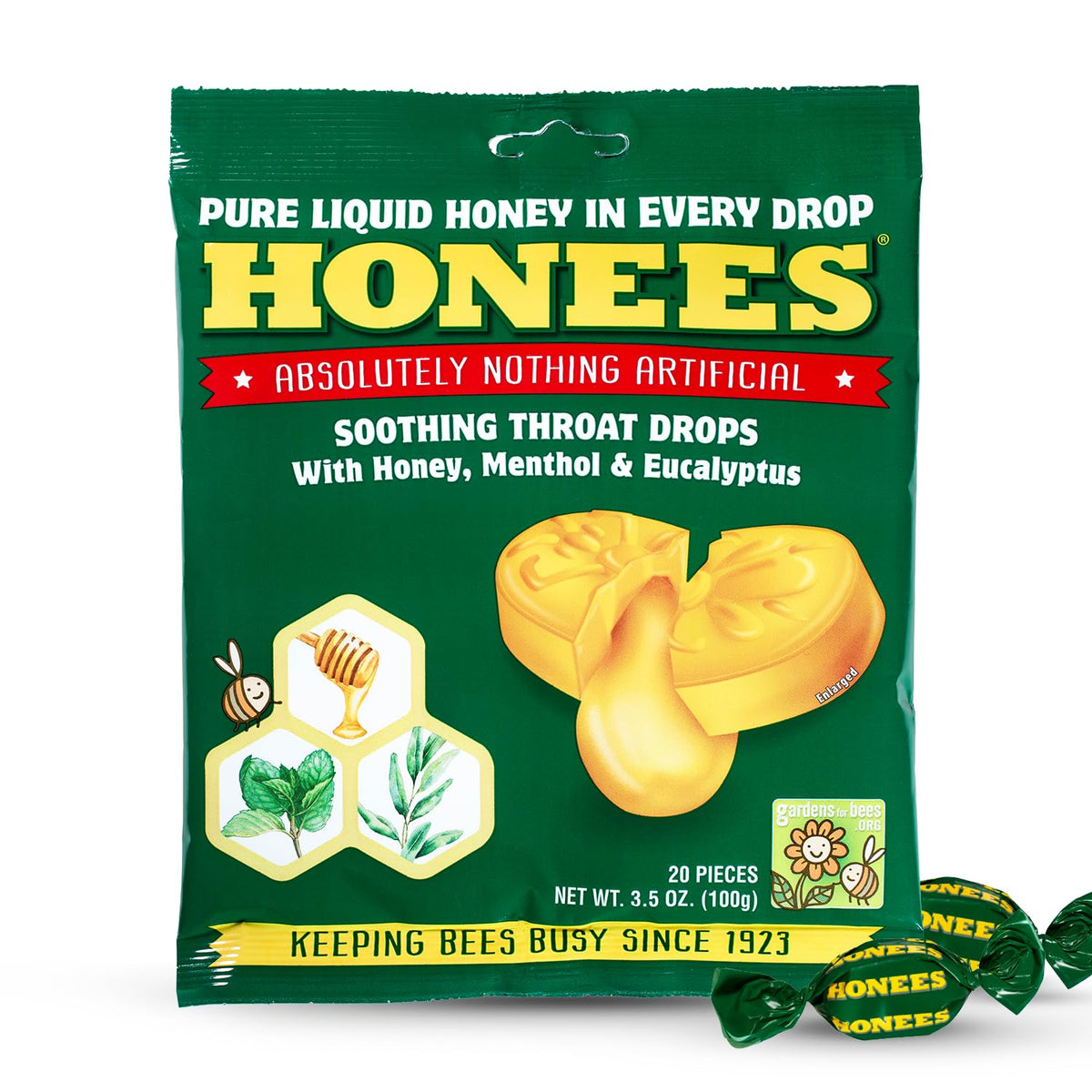 Pastillas Honees de miel con mentol y eucalipto en bolsa, alivio suave para la garganta.