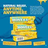 Honees pastillas miel y jengibre, primer plano, alivio natural para la garganta.