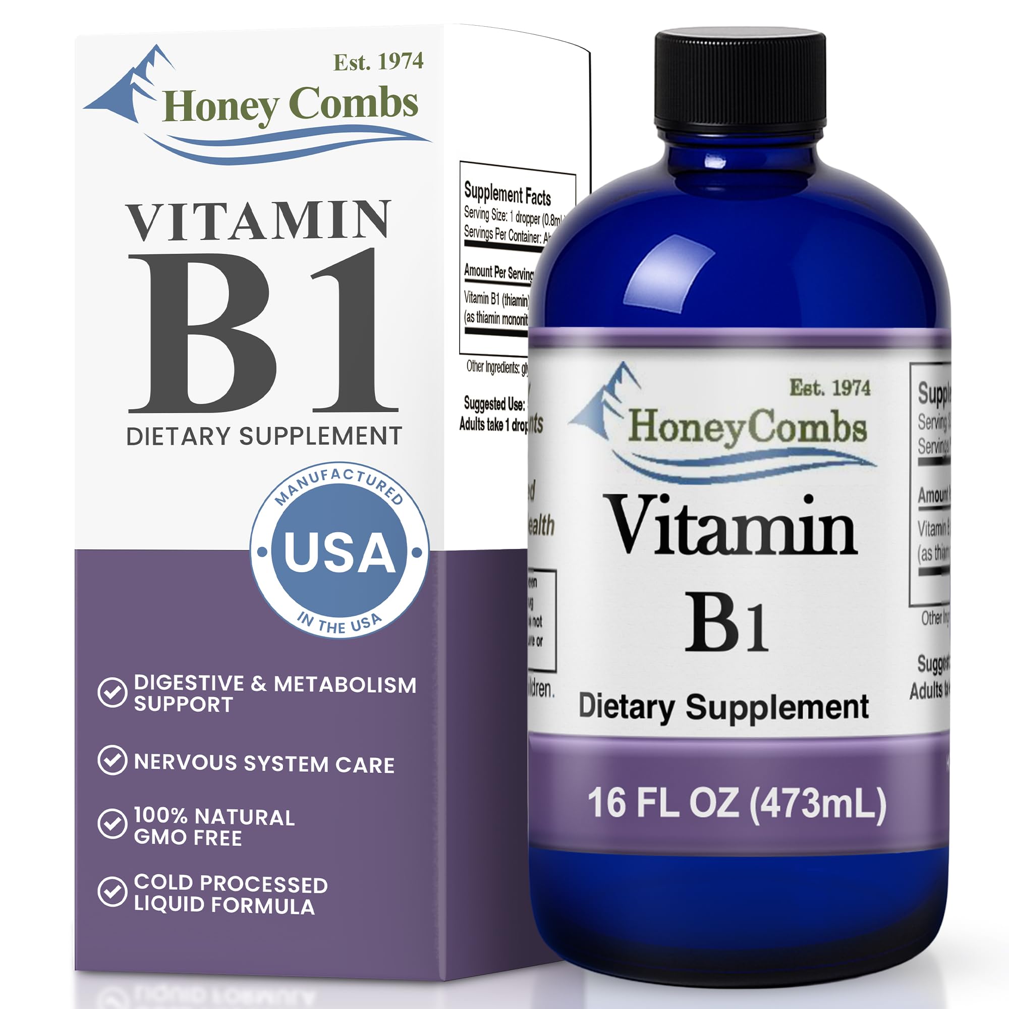 HoneyCombs B1 en gotas, frasco práctico para energía diaria y bienestar.