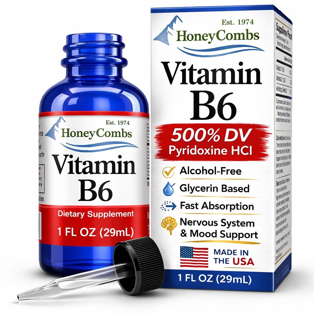 HoneyCombs Vitamina B6 en gotas: botella goteando para energía y enfoque.