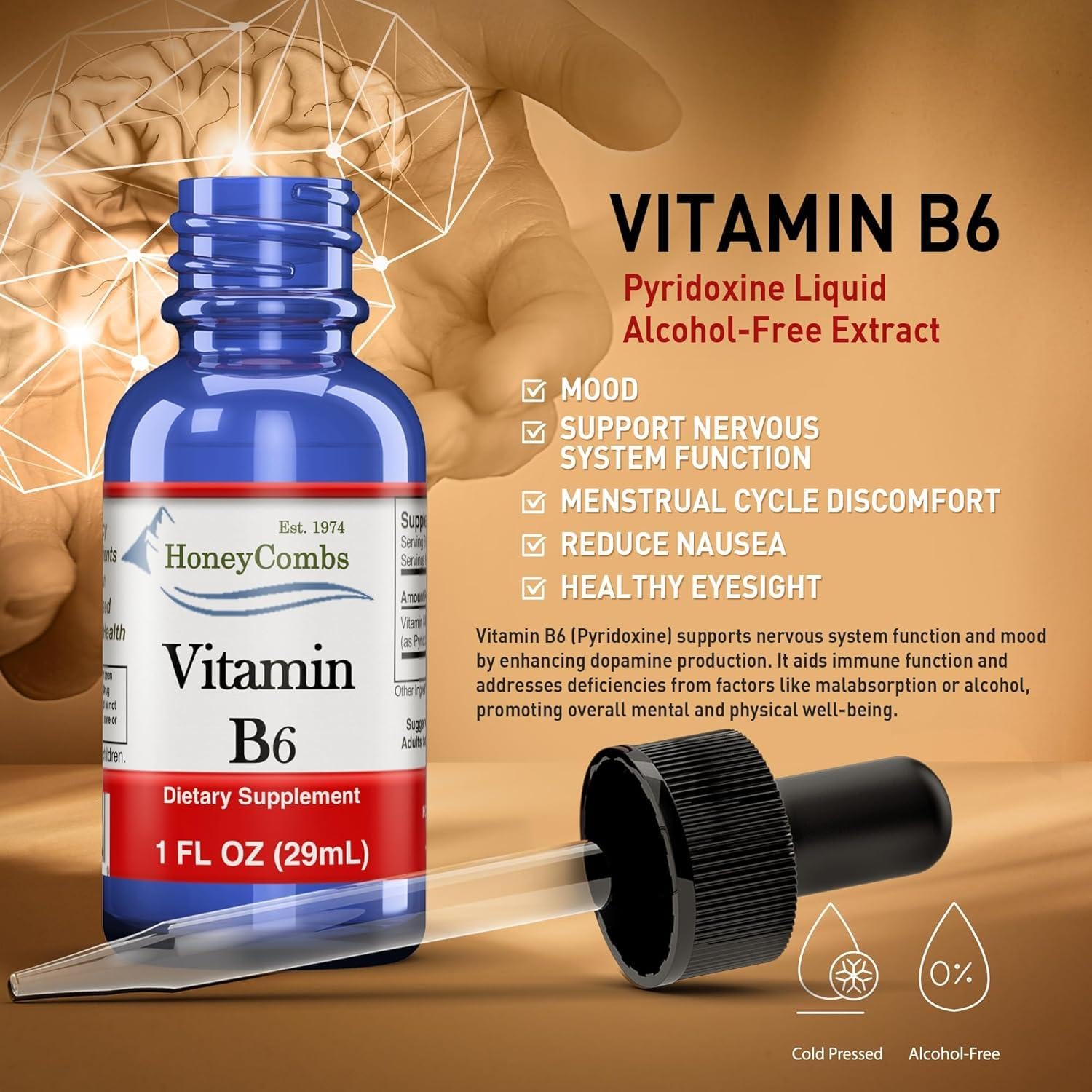 HoneyCombs Vitamina B6 en gotas: empaque sin rellenos y sin aditivos.