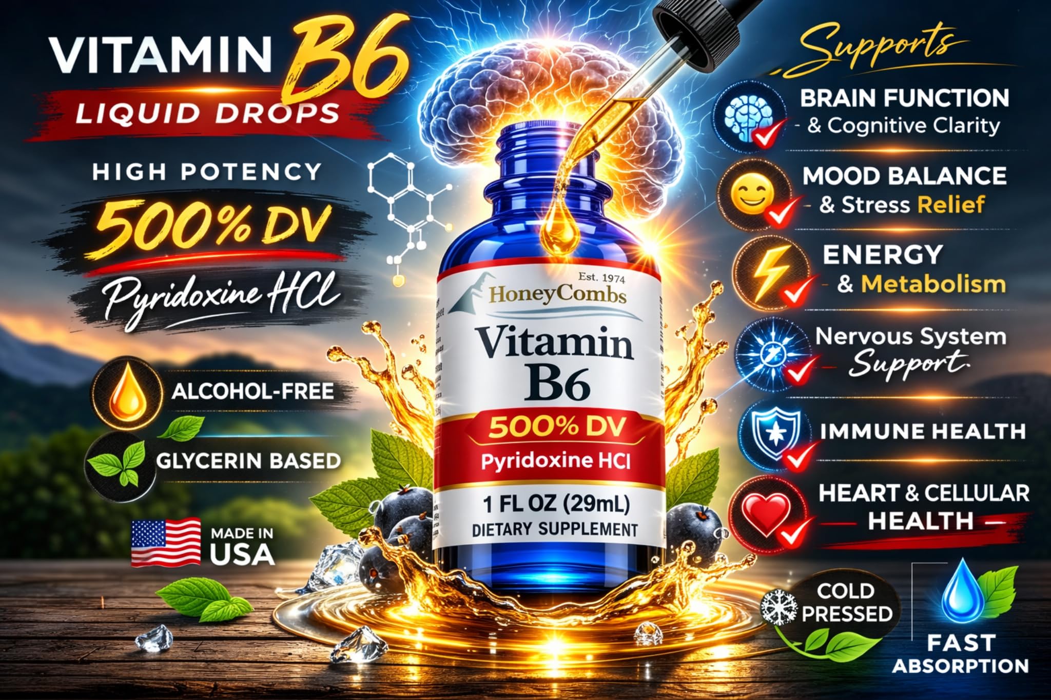 HoneyCombs Vitamina B6 en gotas: envase fabricado en EE. UU. con calidad.