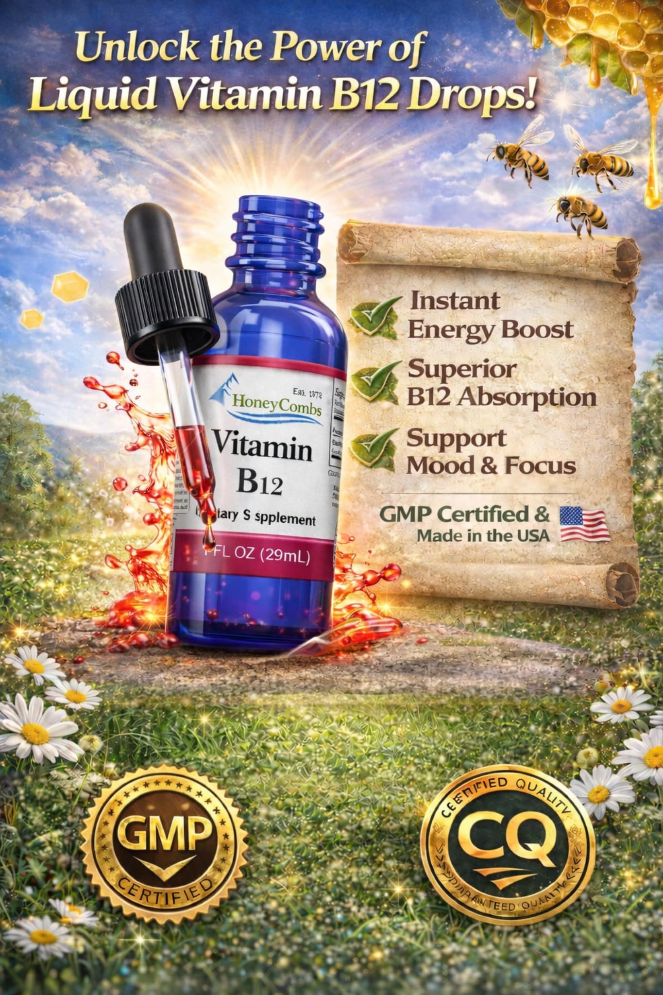 Gotas HoneyCombs B12 para apoyo al metabolismo diario.