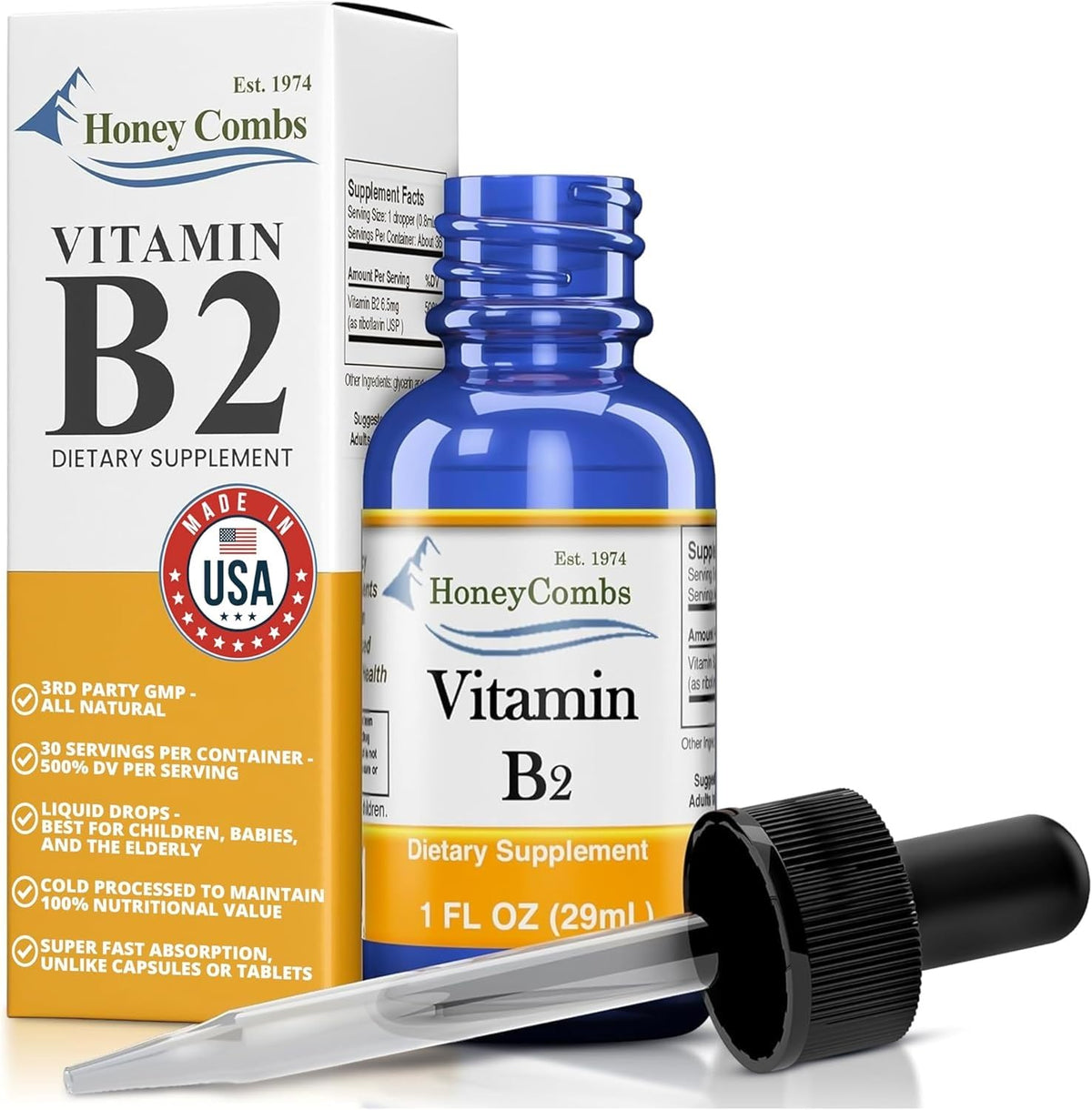 HoneyCombs Gotas de riboflavina B2 en bote: ingesta flexible para tu rutina diaria.