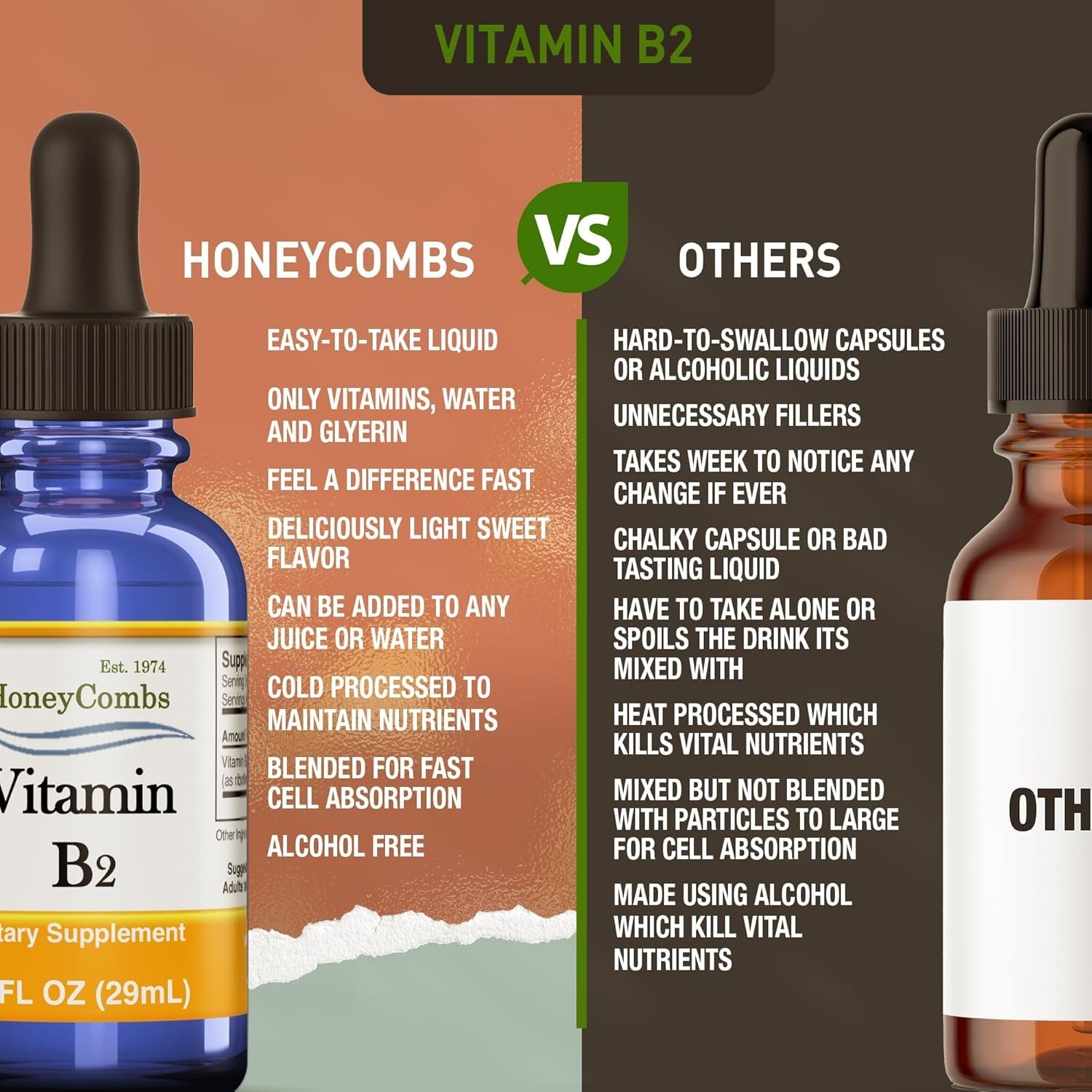HoneyCombs Gotas riboflavina B2 sin alcohol y fórmula vegana.