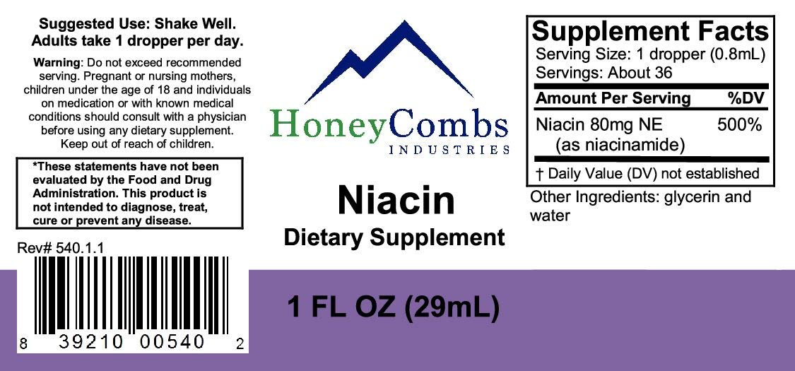 HoneyCombs Niacina en gotas con cuentagotas, ideal para mezclar en bebidas.