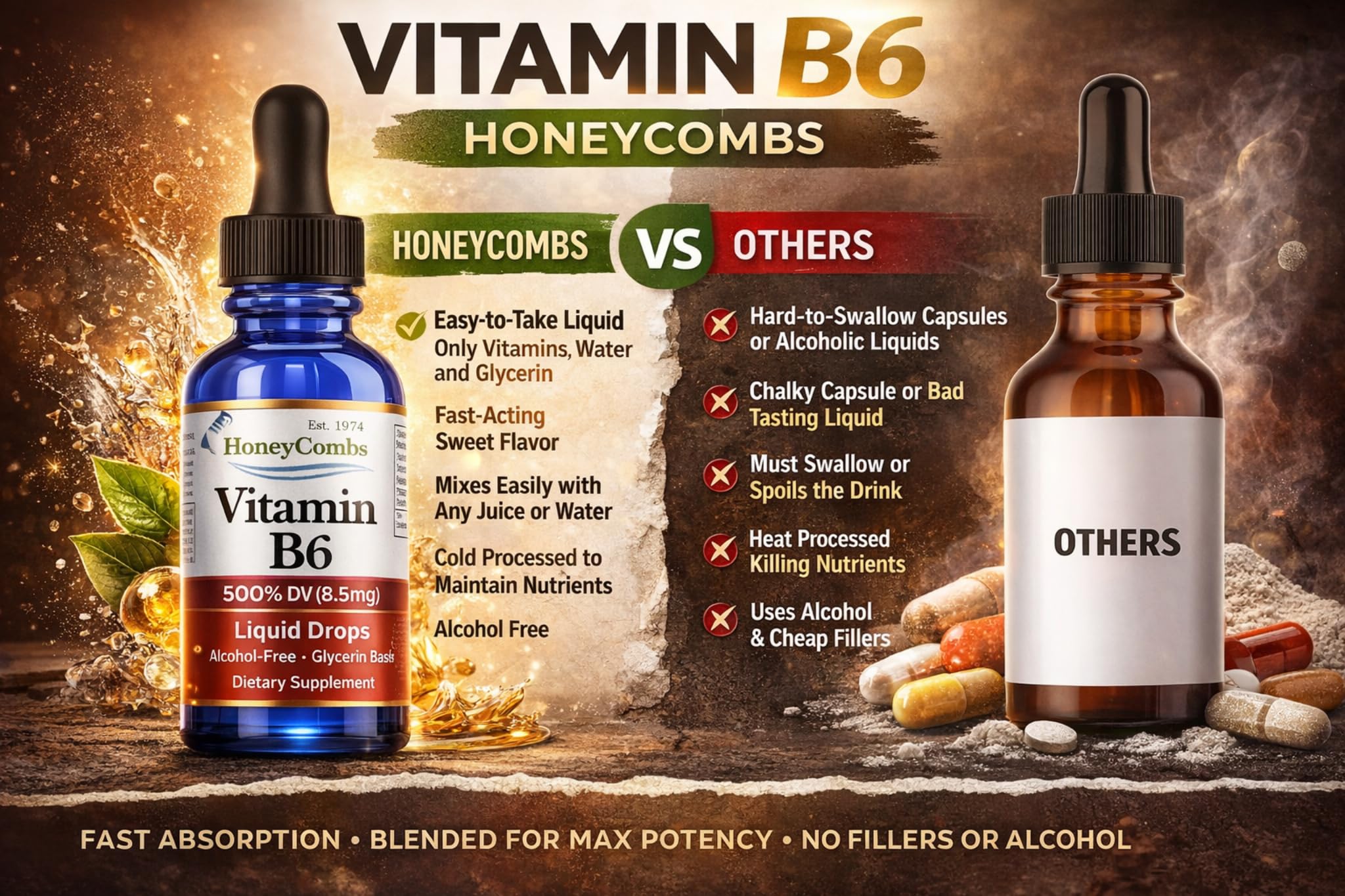 HoneyCombs Vitamina B6 en gotas: uso diario para la rutina.