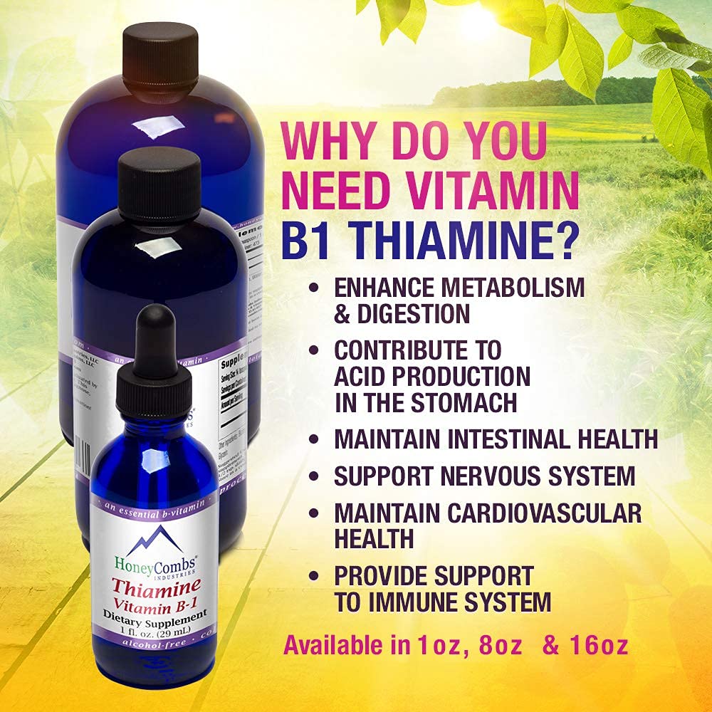 Botella de HoneyCombs Vitamina B1 de ocho onzas para dosis flexibles.