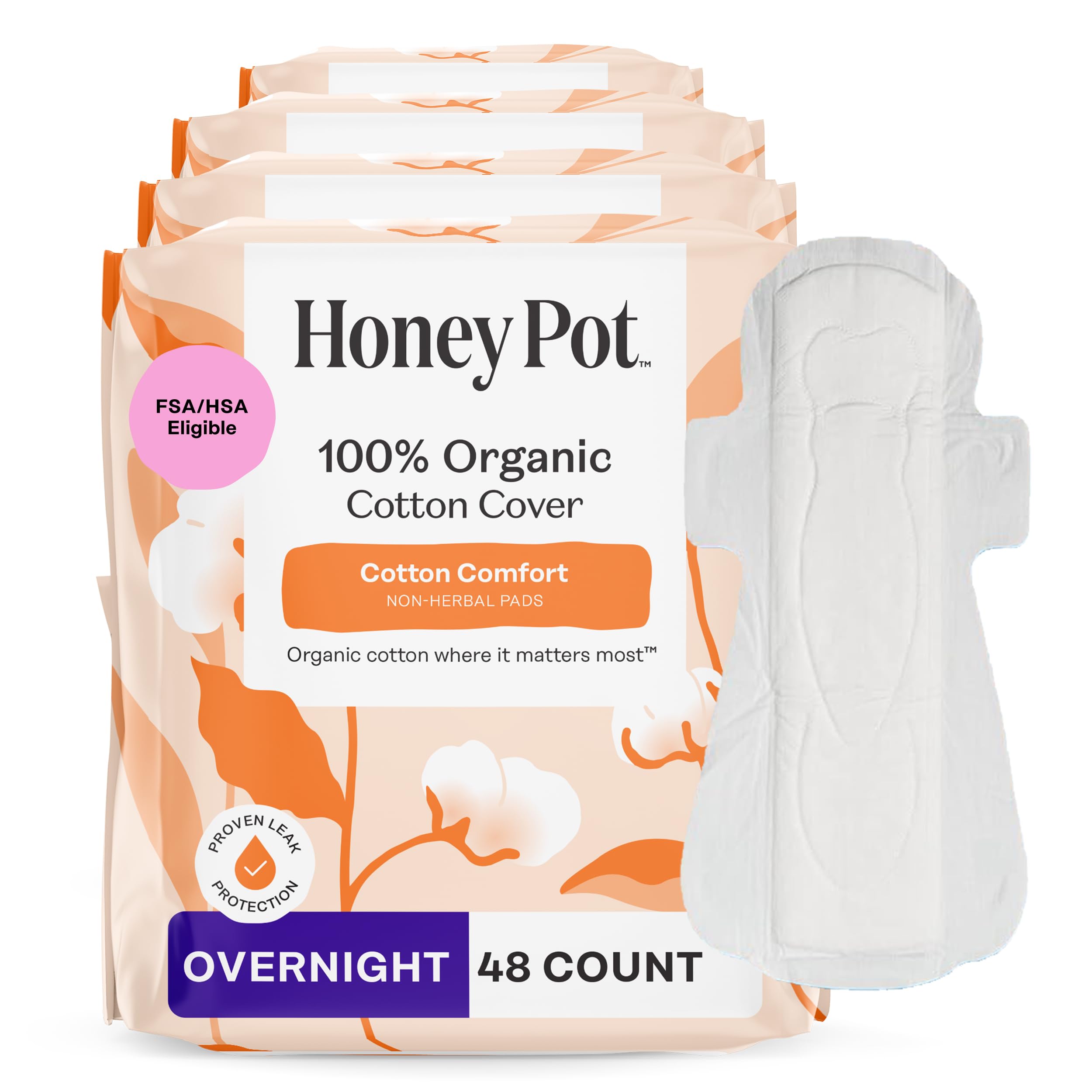 Honey Pot Overnight con alas y cobertura de algodón orgánico para uso nocturno cómodo.