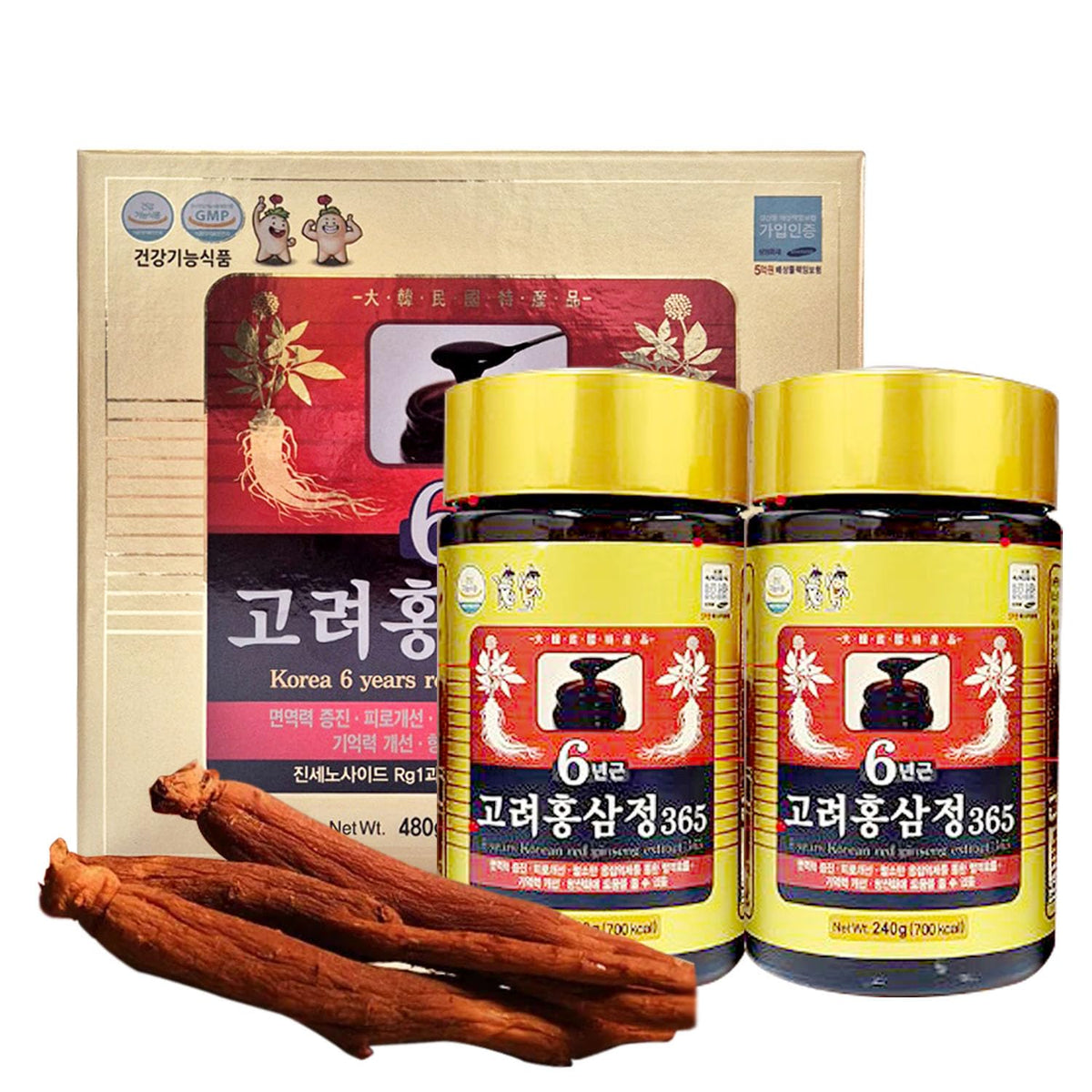 Hong Sam Jeong ginseng rojo coreano en botella de vidrio, apoyo diario para la vitalidad.