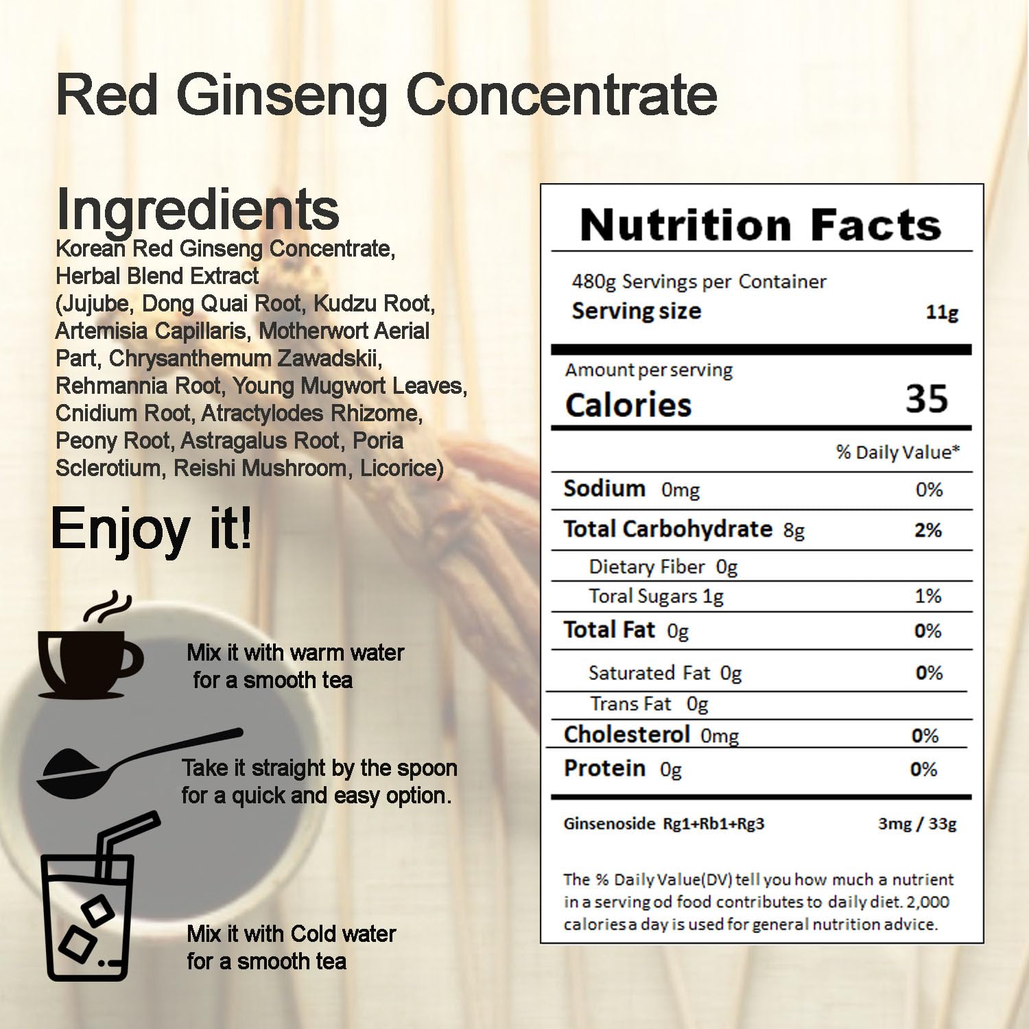Hong Sam Jeong dosis diaria recomendada en cuchara para tomar con agua.