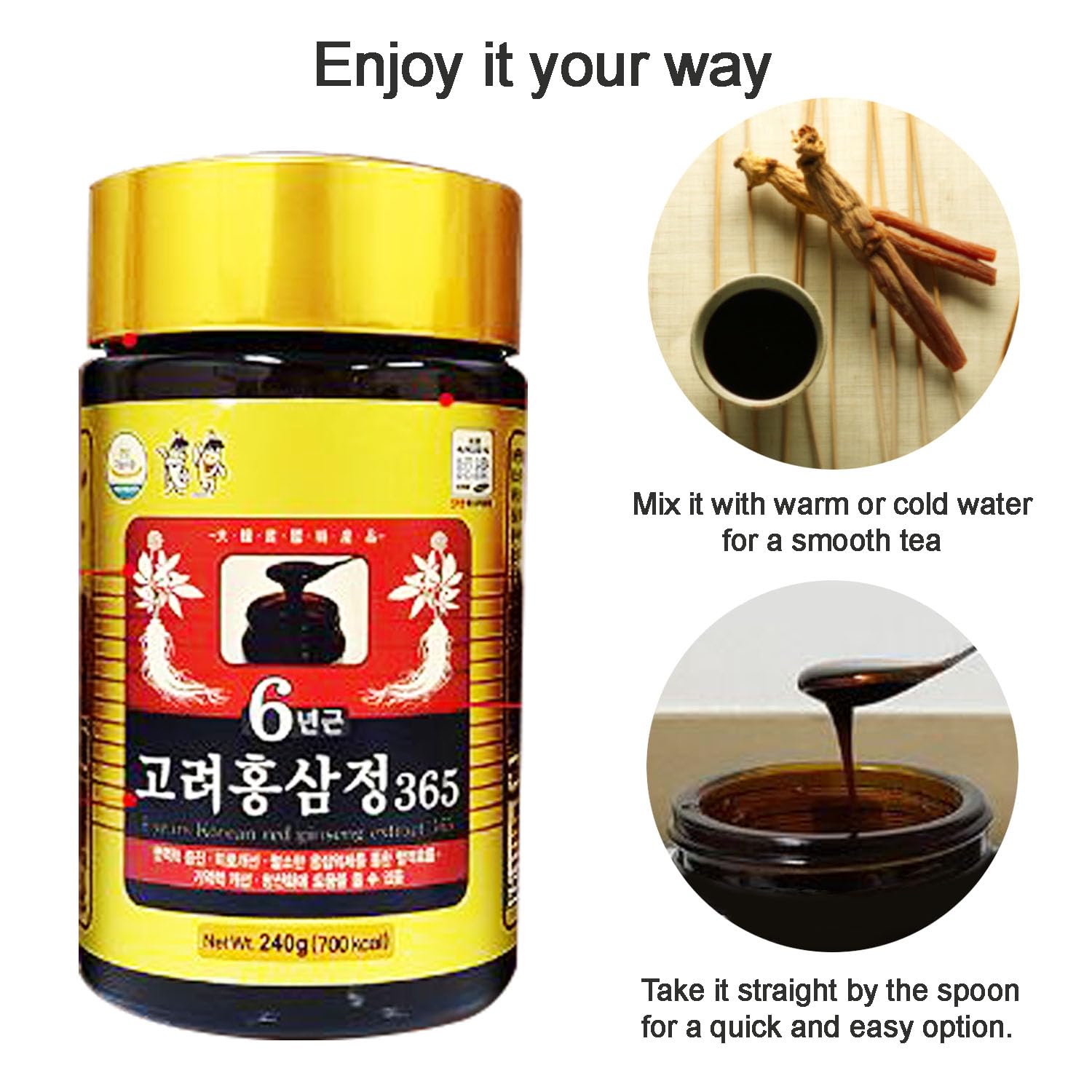 Hong Sam Jeong mezcla herbal a la vista con jujube coreano y raíces.