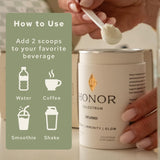 Proteínas limpias de HONOR Colostrum en polvo para uso diario.
