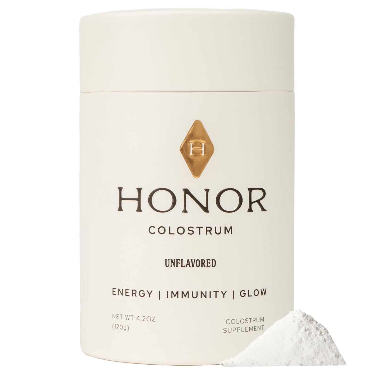 HONOR Supplements Colostrum polvo sin sabor en frasco para mezclar.