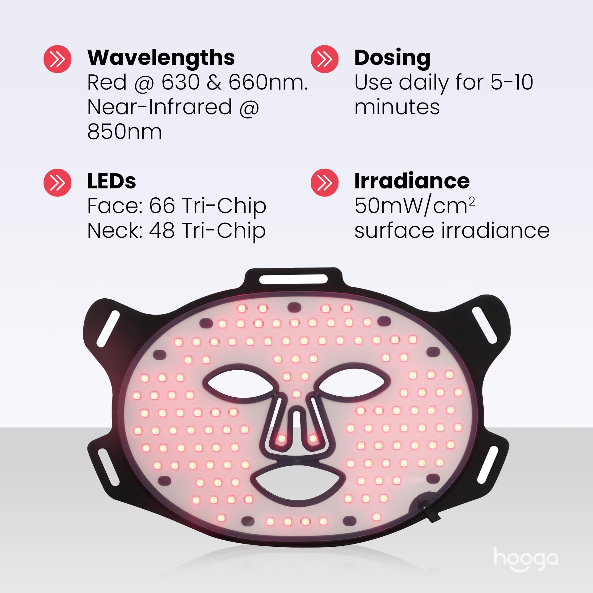 Hooga LED triple con 630/660 nm y 850 nm ilumina rostro y cuello.