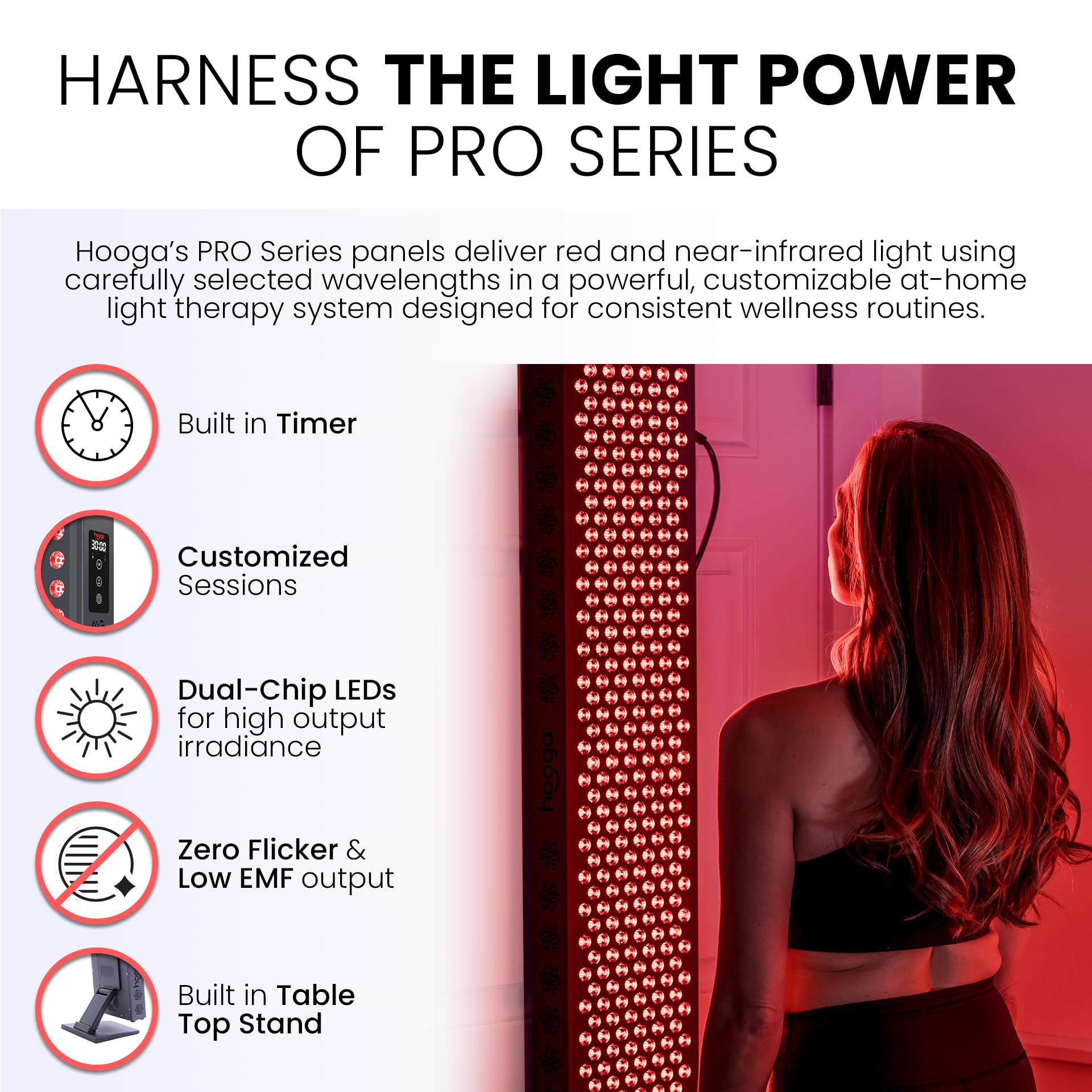 Hooga PRO300 panel con temporizador para controlar sesiones fácilmente.