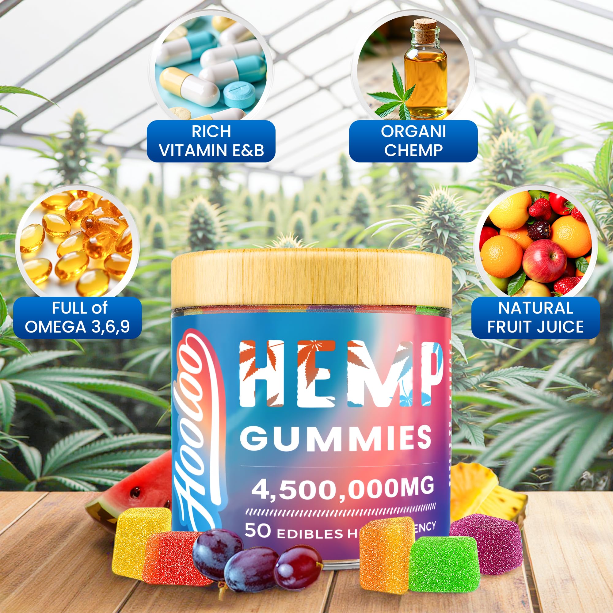 Gomitas HOOLOO hemp extra fuerza sabor piña para bienestar diario