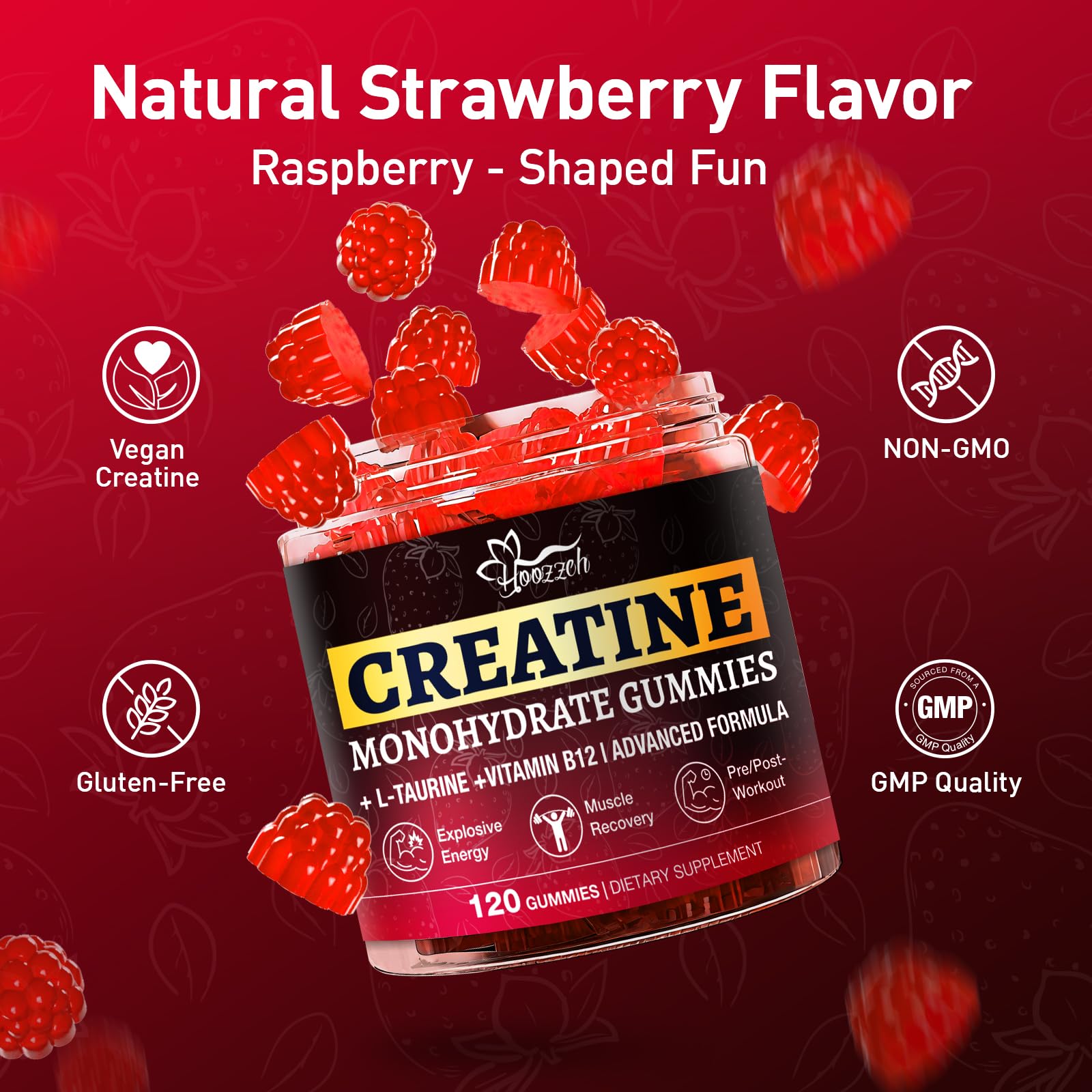 Gomitas de creatina Hoozzch, formato conveniente para entrenamiento diario.