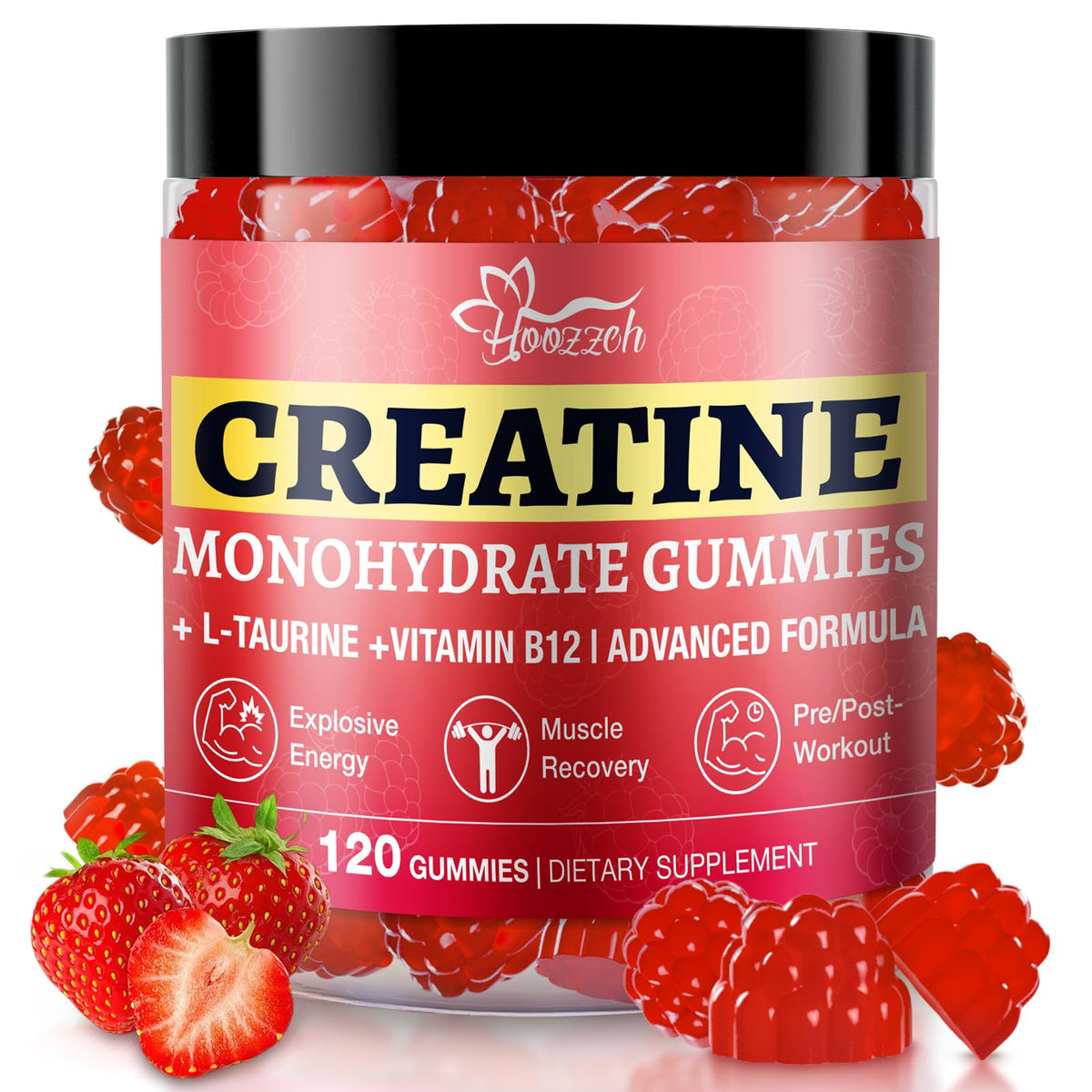 Hoozzch Creatine Gummies frambuesa envase: energía para entrenos diarios