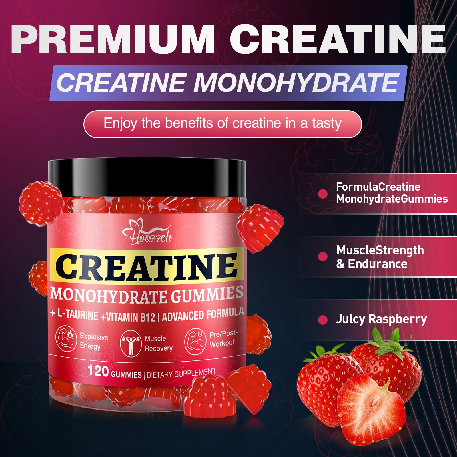 Hoozzch Creatine Gummies textura frambuesa: sabor agradable sin polvo