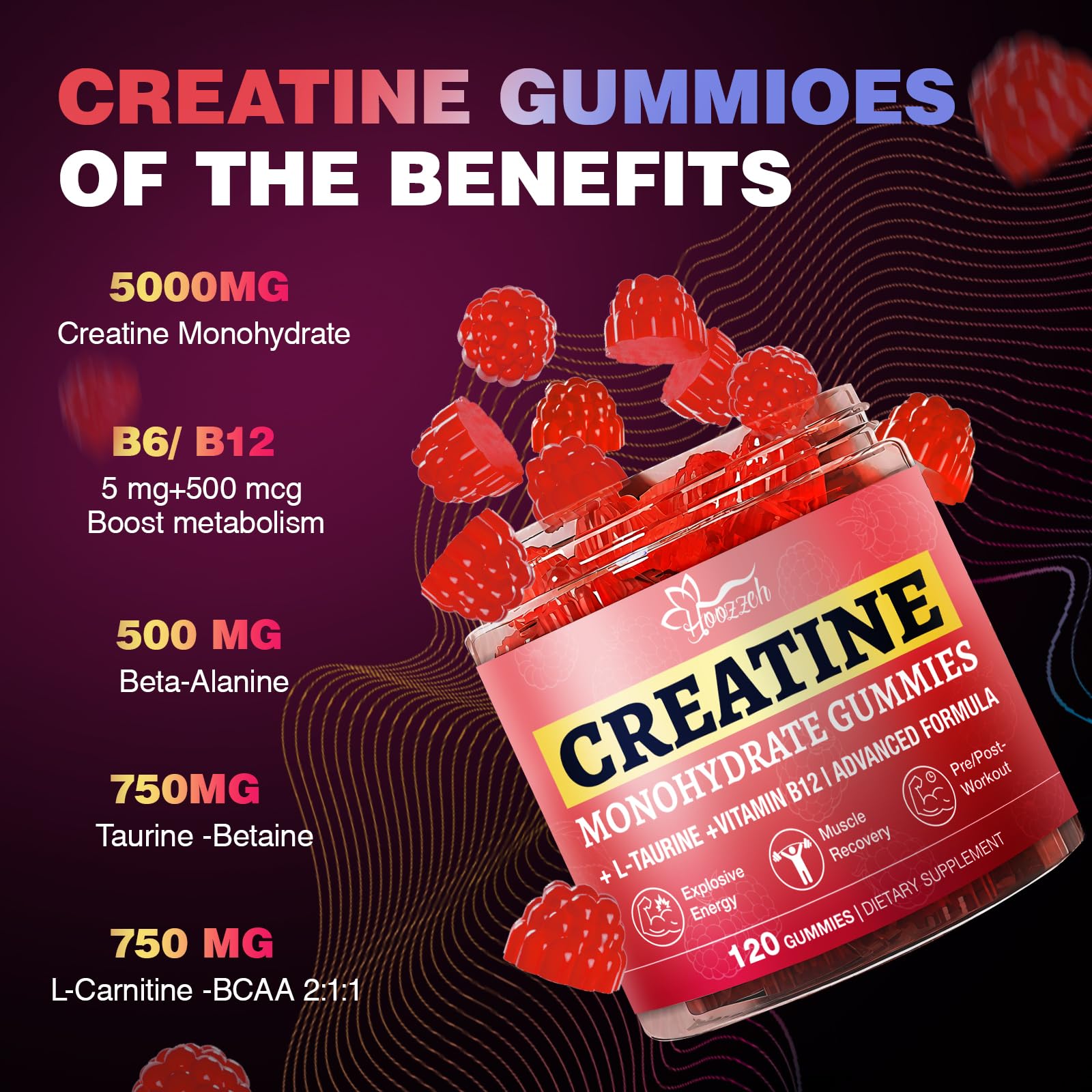 Hoozzch Creatine Gummies mano abriendo envase: consumo práctico antes de entrenar