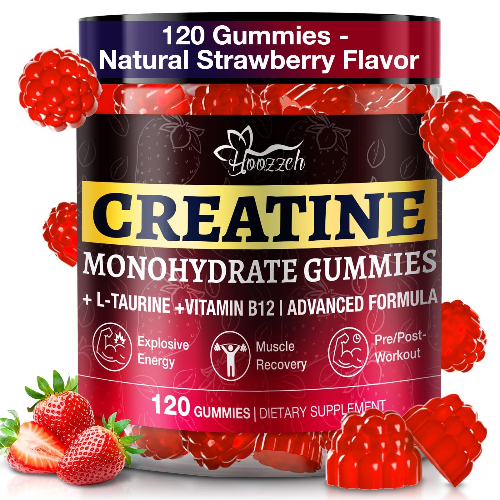 Hoozzch Creatine Gummies, porción de 4 gomitas para 5 g, uso diario.