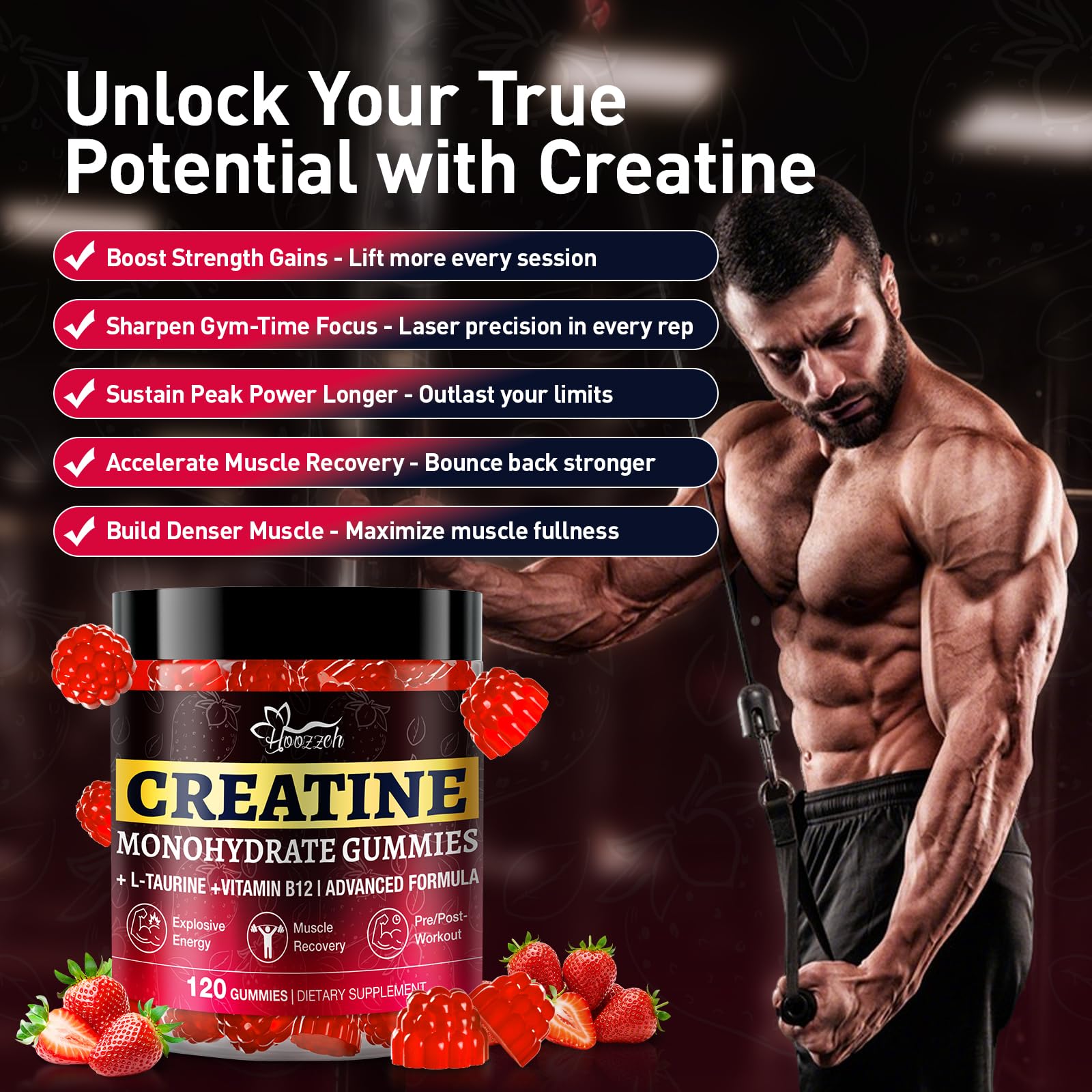 Envase portátil de Hoozzch Creatine Gummies para llevar y usar fuera de casa.