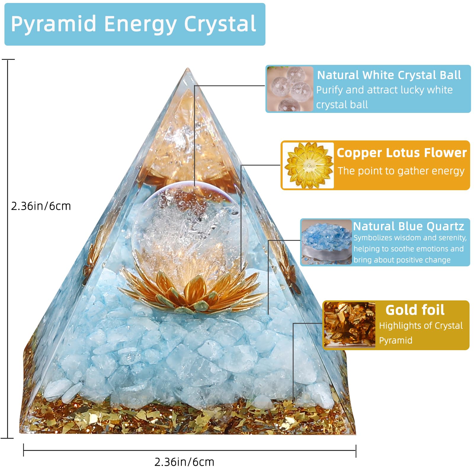 Hopeseed Orgone Pirámide muestra esferas de cristal blanco para meditación enfocada