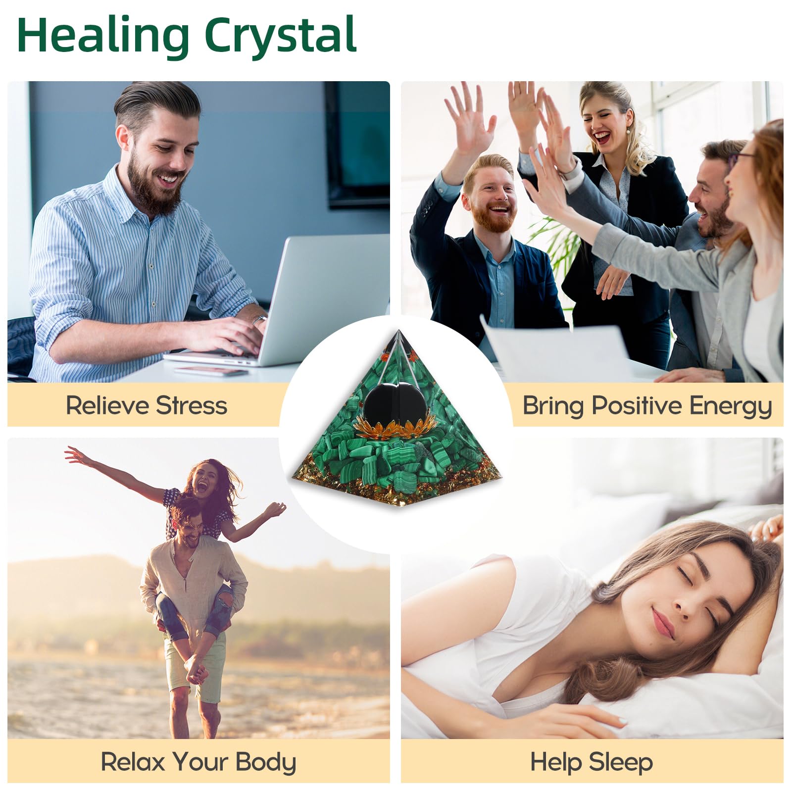 Piramide Hopeseed con cristales blancos para enfoque y meditación.