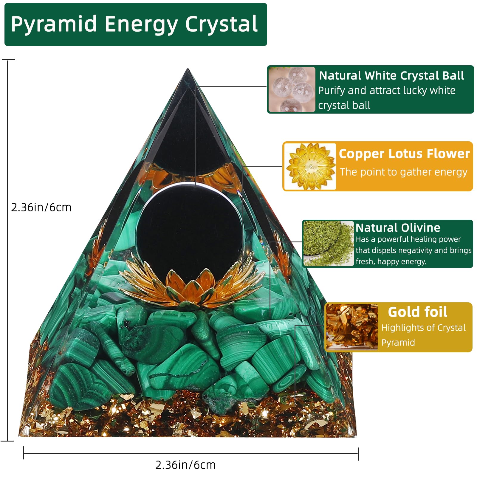 Piramide Hopeseed con malachita natural para equilibrio y buena suerte.
