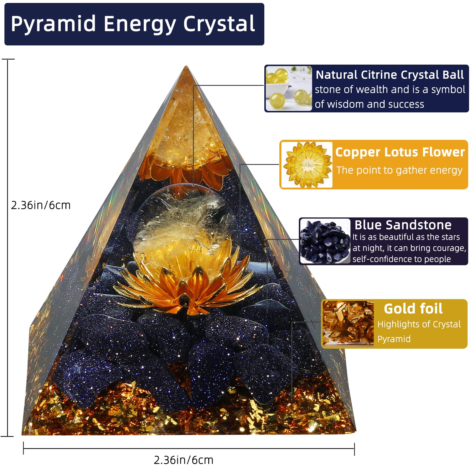Hopeseed Orgonite pirámide con Citrino y Arenisca Azul para concentración y prosperidad.