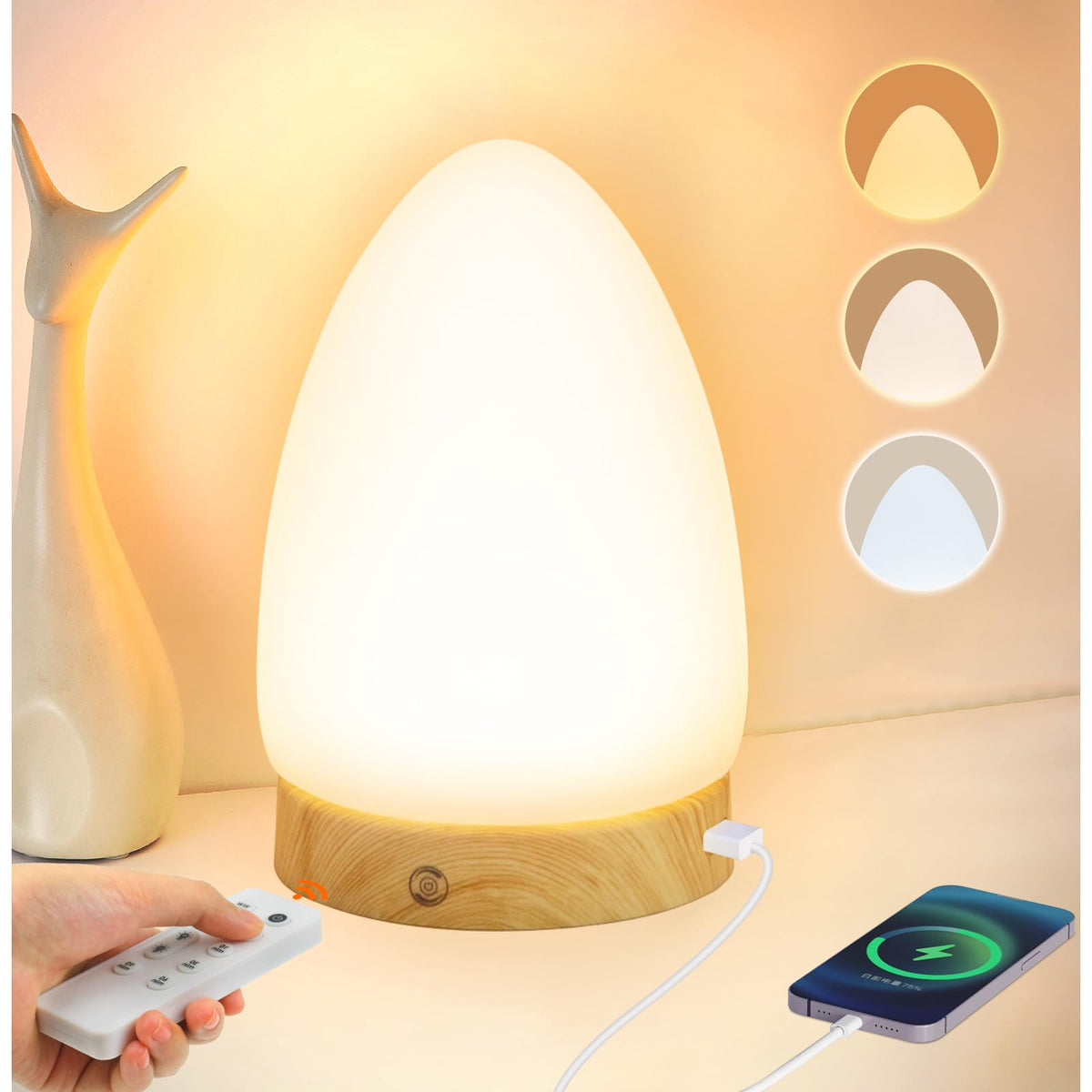 Hopihe lámpara de terapia, diseño ovalado, base de madera, ideal para el dormitorio.