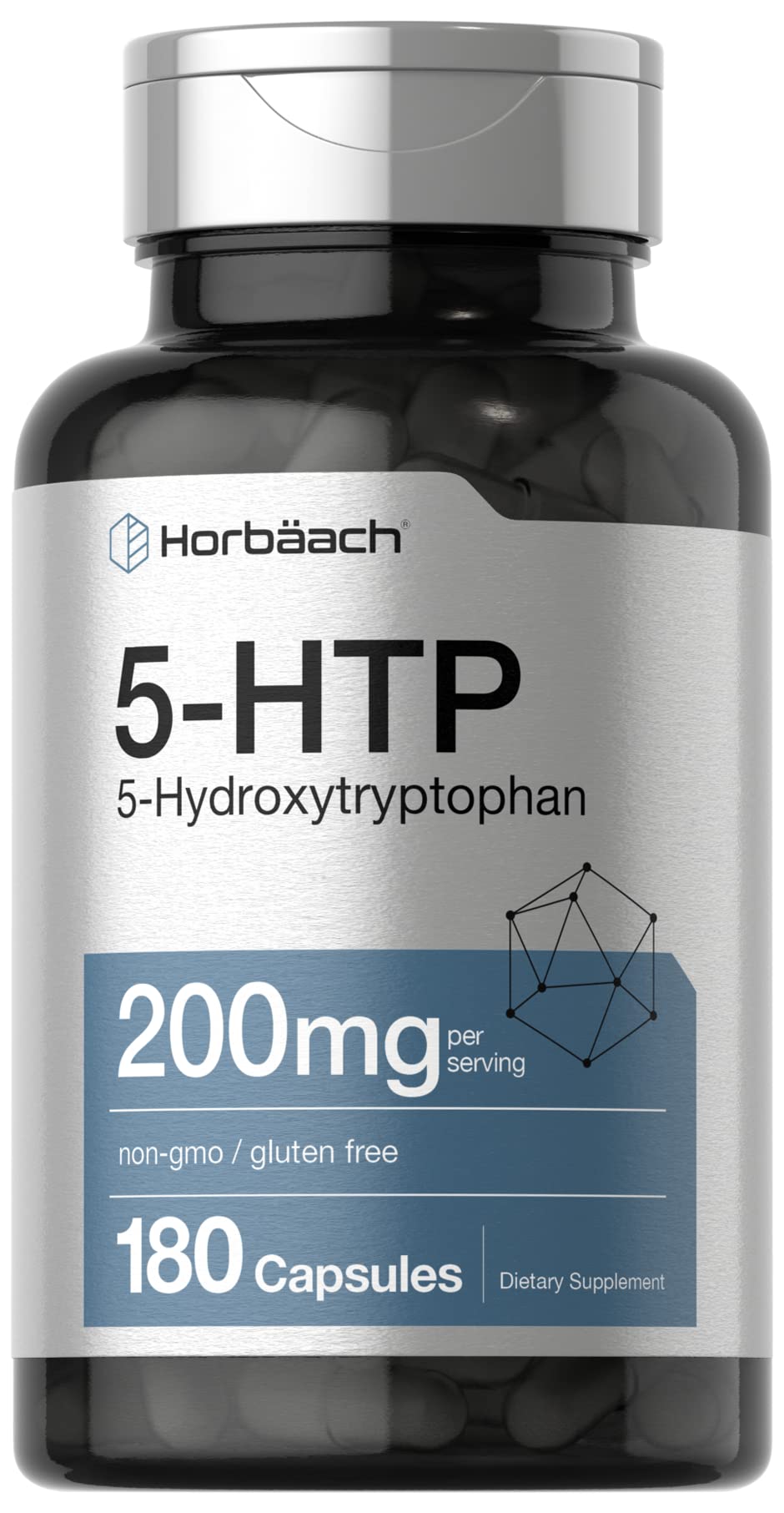 Horbäach 5HTP 200 mg – cápsulas en botella para uso diario.