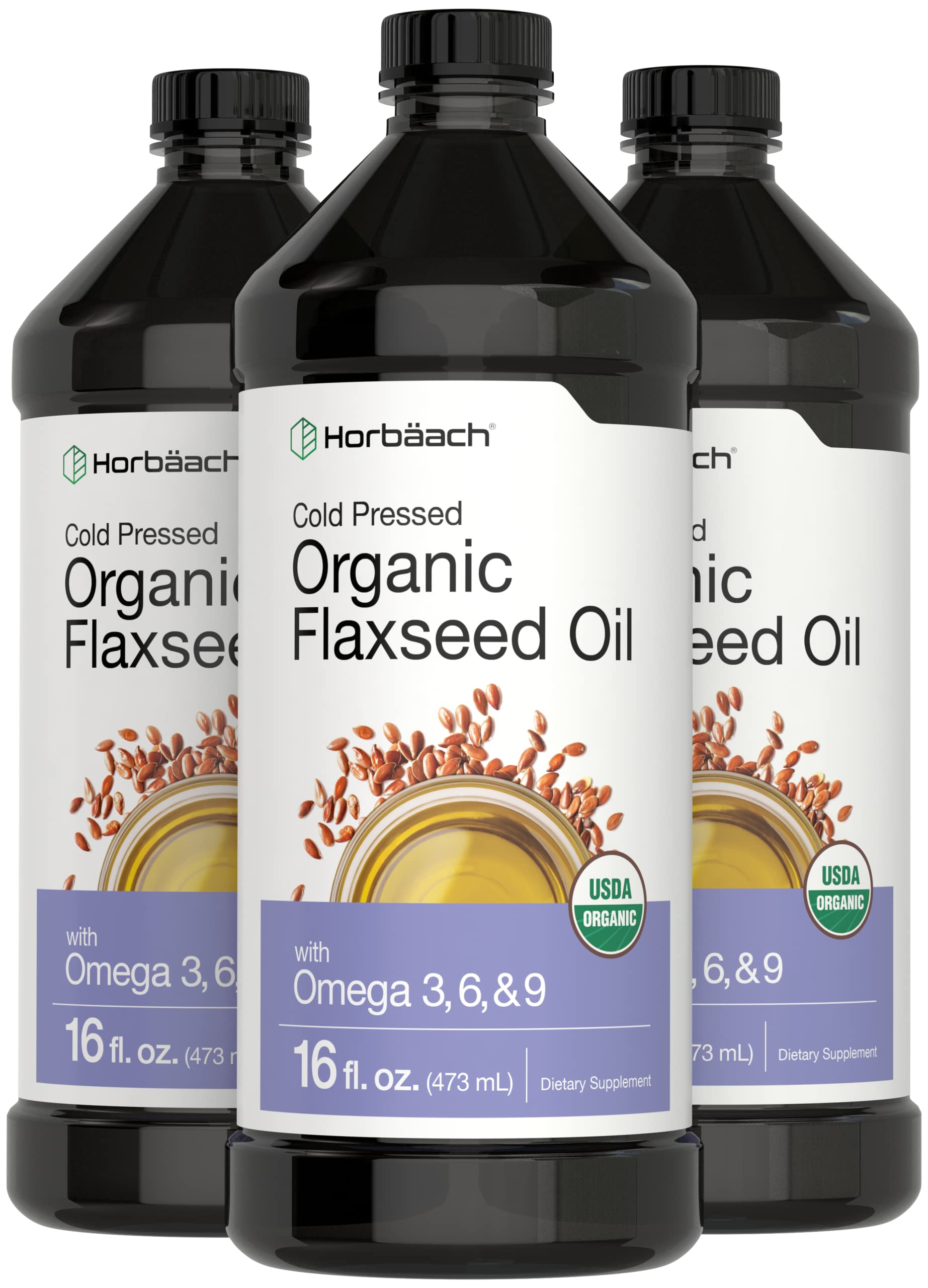 Horbäach Aceite de Linaza Orgánico, botella de 16 onzas, rico en omega para ensaladas.