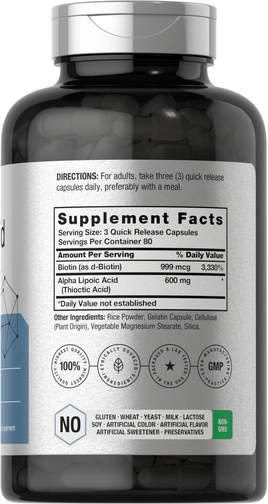 Horbaach ácido alfa-lipoico 600 mg con biotina, cápsulas fáciles de tragar y beneficios posibles.