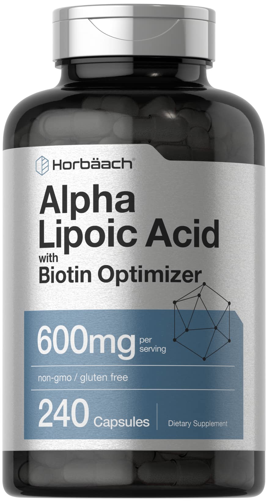 Horbaach ácido alfa-lipoico 600 mg en cápsulas para uso diario, experiencia suave y agradable.
