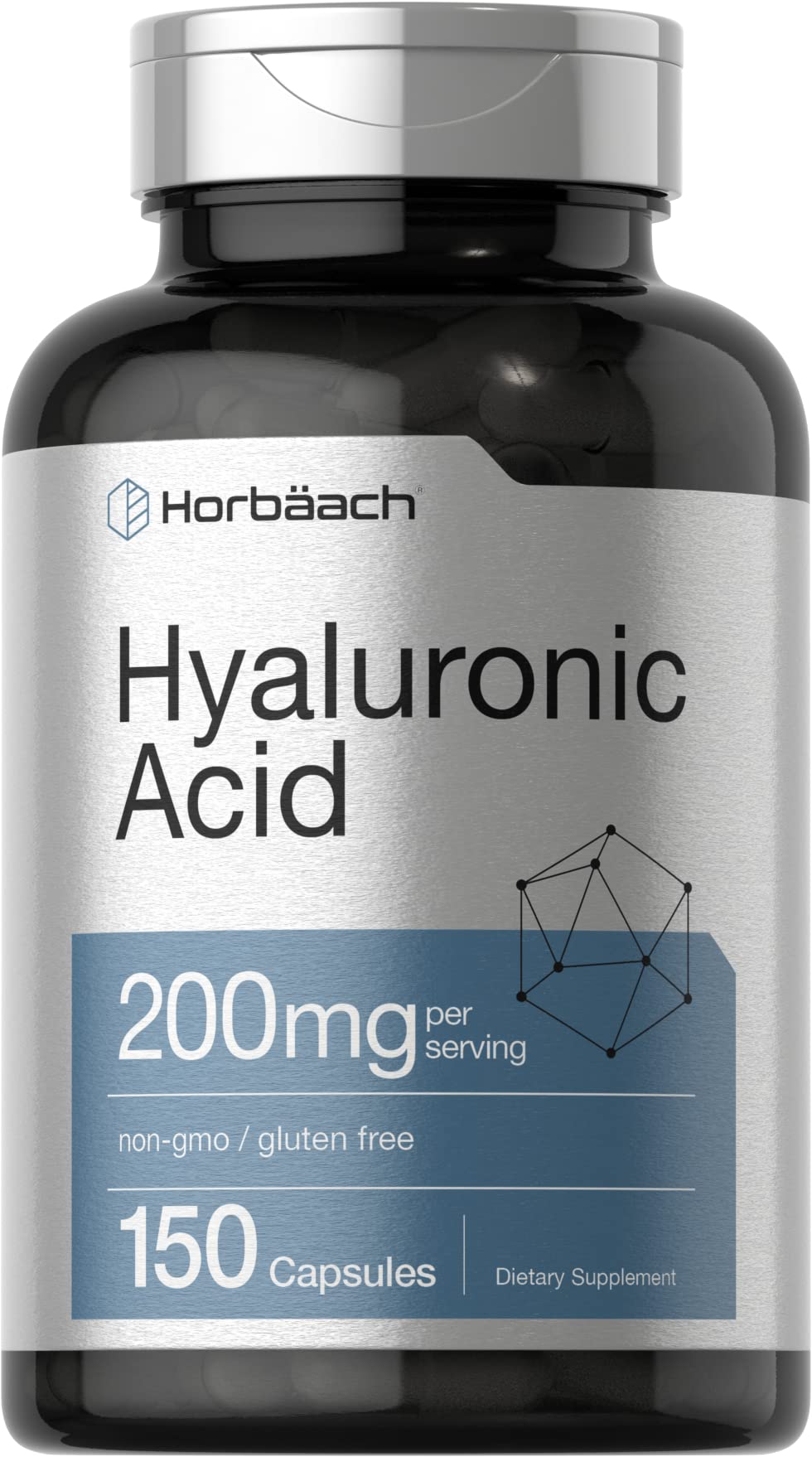Horbäach ácido hialurónico cápsulas 200 mg, botella: complemento diario para la hidratación de la piel.