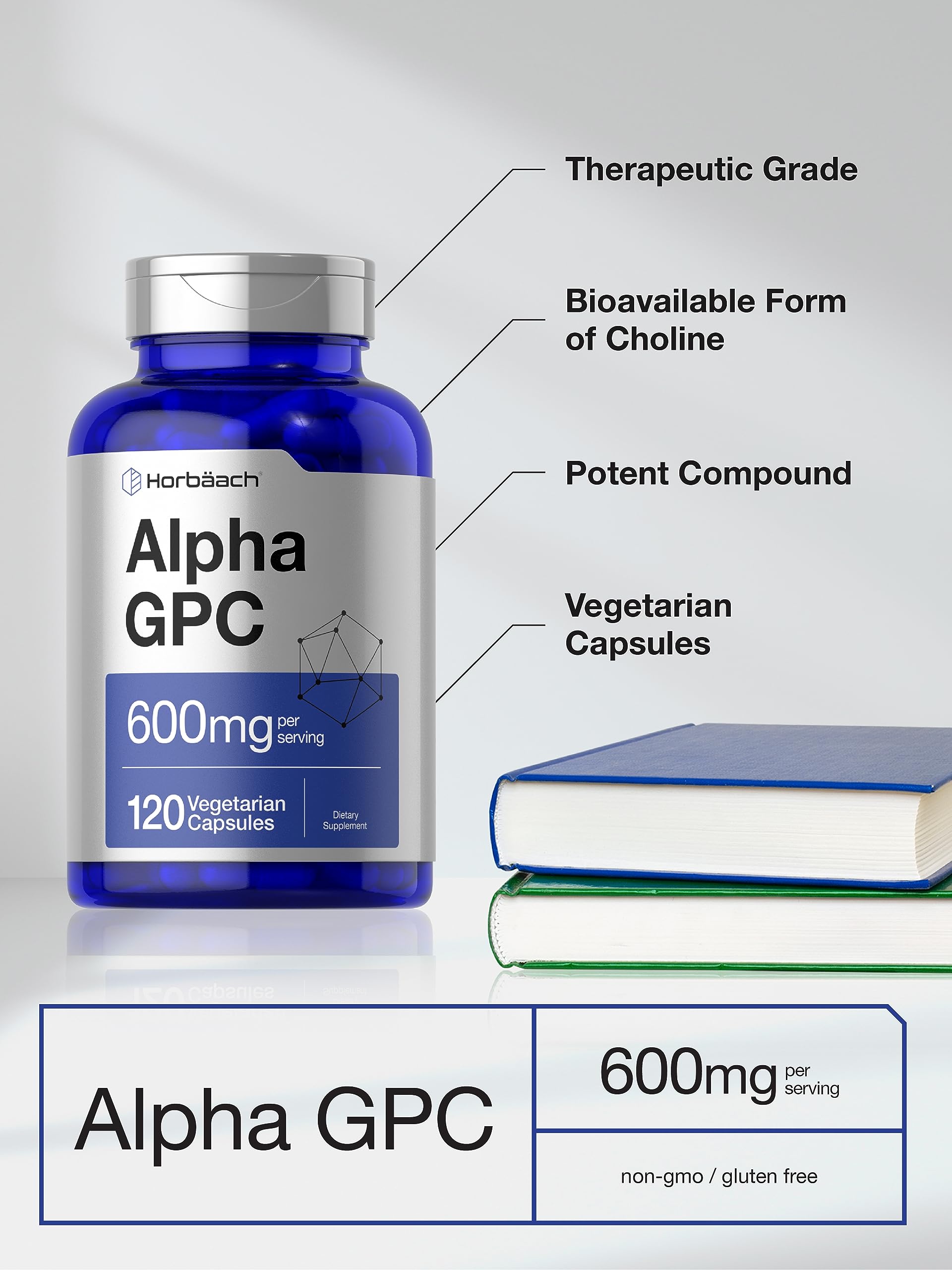 Etiqueta del producto Horbaach Alpha GPC 600 mg con información clara.
