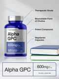 Etiqueta del producto Horbaach Alpha GPC 600 mg con información clara.