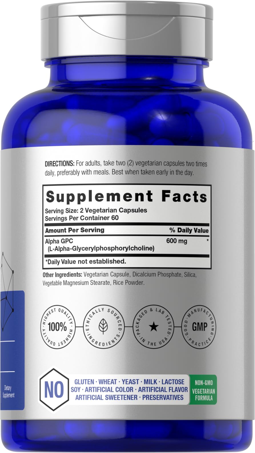 Frasco de Horbaach Alpha GPC 600 mg con cápsulas fáciles de tomar.