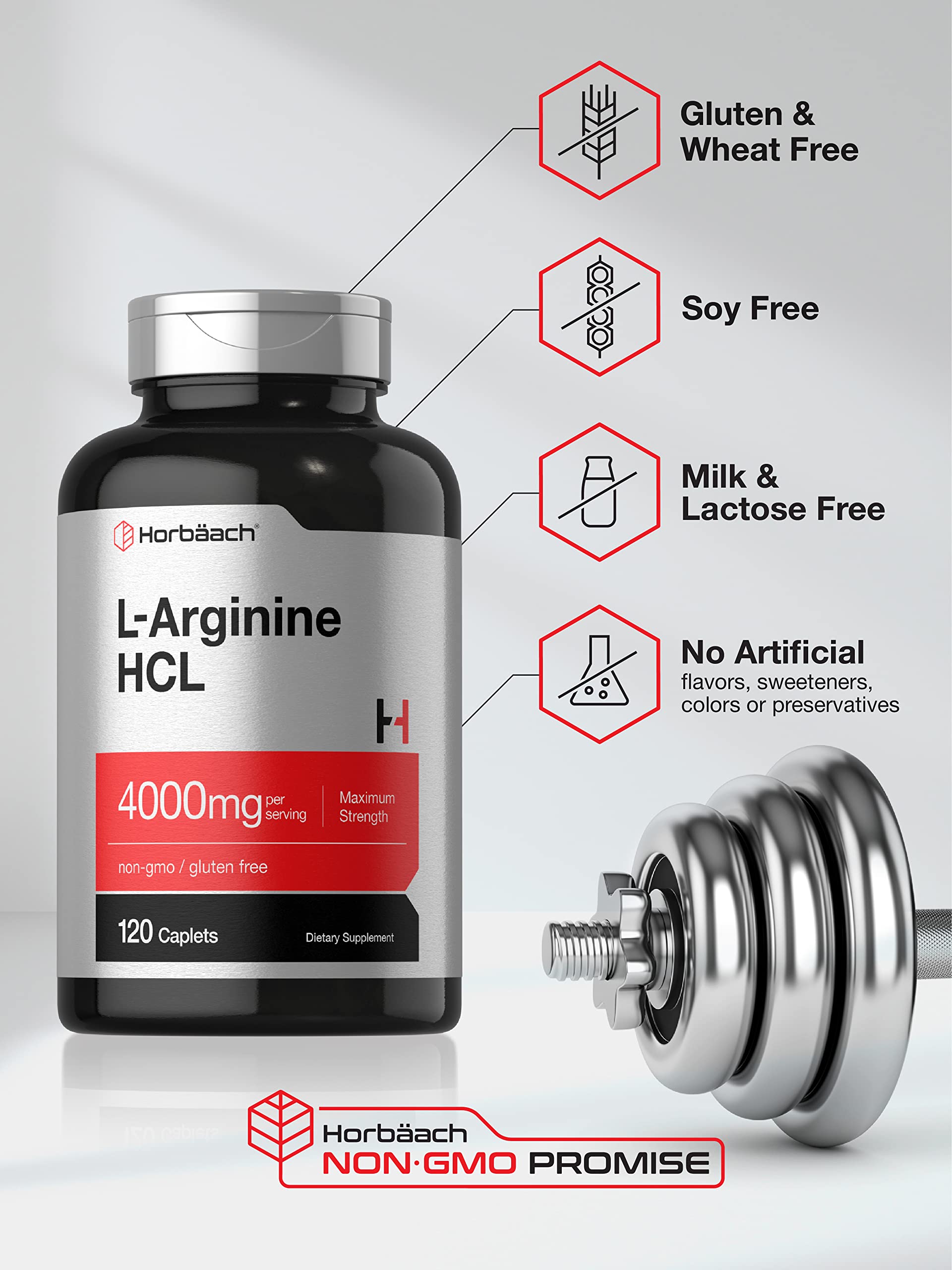 Horbaach L-Arginina 4000 mg cápsulas en la palma de la mano.