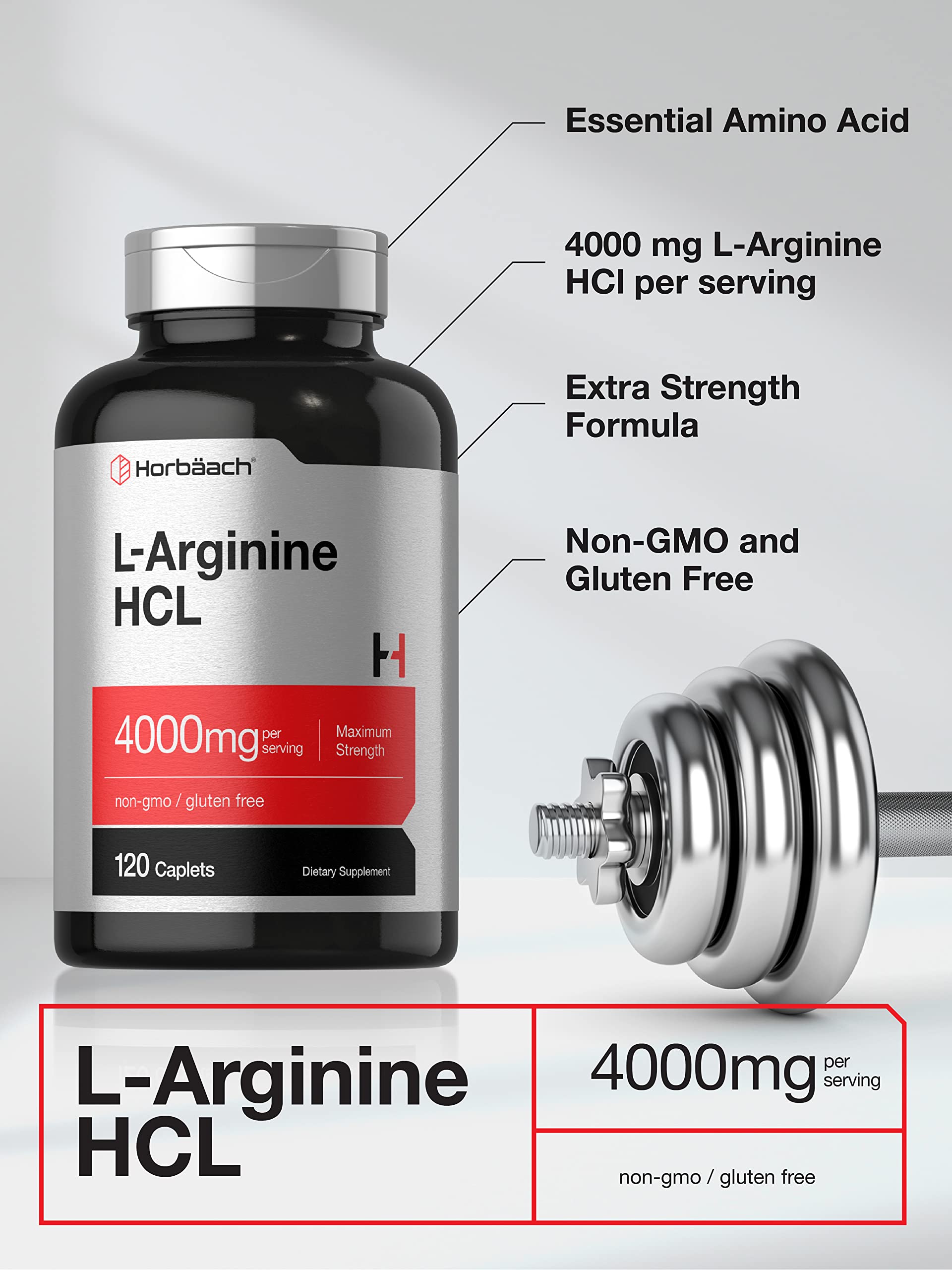 Horbaach L-Arginina 4000 mg cápsulas, etiqueta clara y legible.