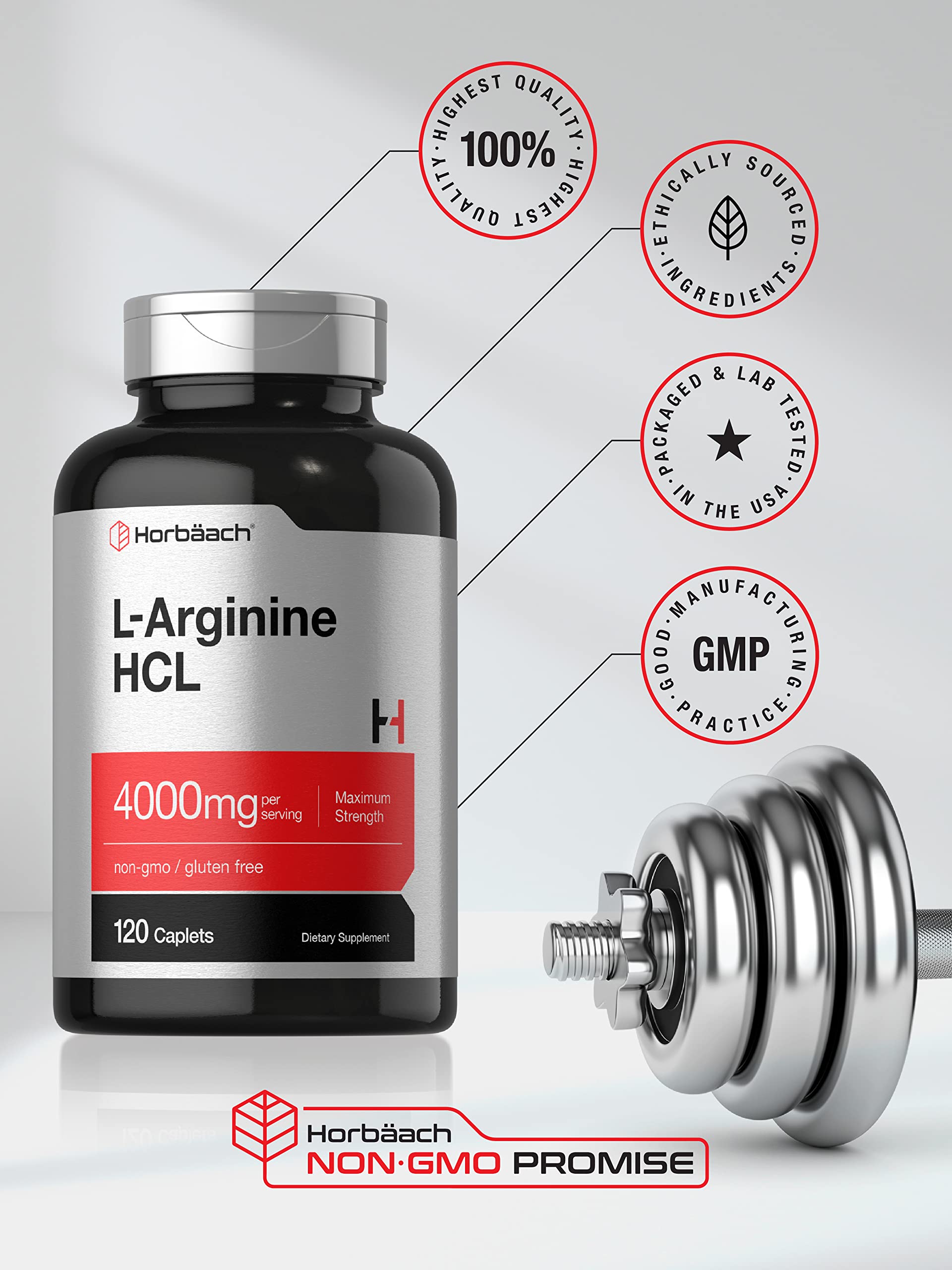 Horbaach L-Arginina 4000 mg cápsulas, uso diario aptas para vegetariano.