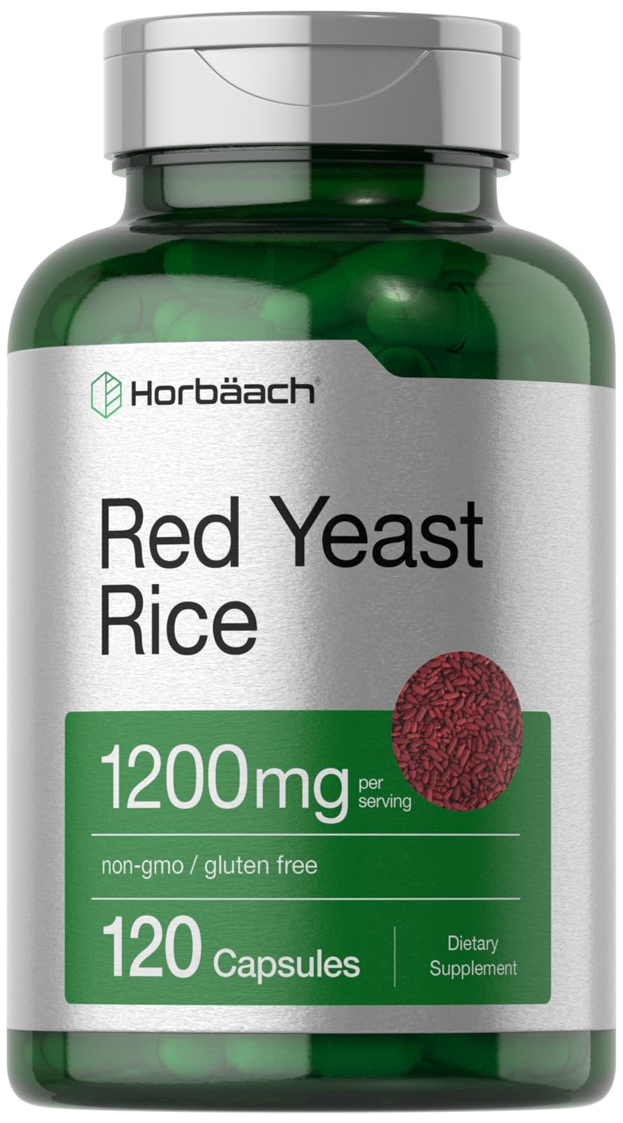 Horbäach Arroz de Levadura Roja 1200 mg, frasco de cápsulas para uso diario.