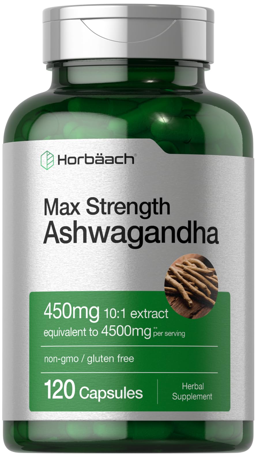 Horbäach Ashwagandha: cápsulas en botella, uso diario práctico.