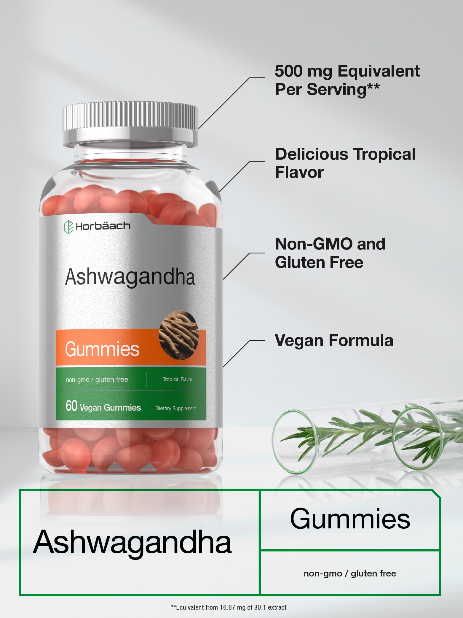 Gomitas Horbäach ashwagandha, ingredientes veganos, opción práctica para la rutina.