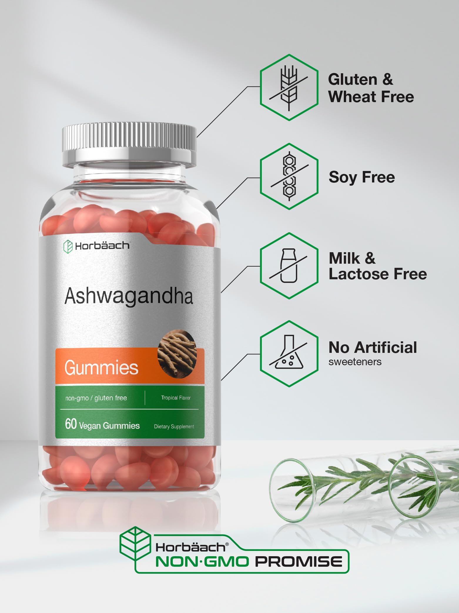 Gomitas Horbäach ashwaganda, sin gluten, aptas para diversas dietas.