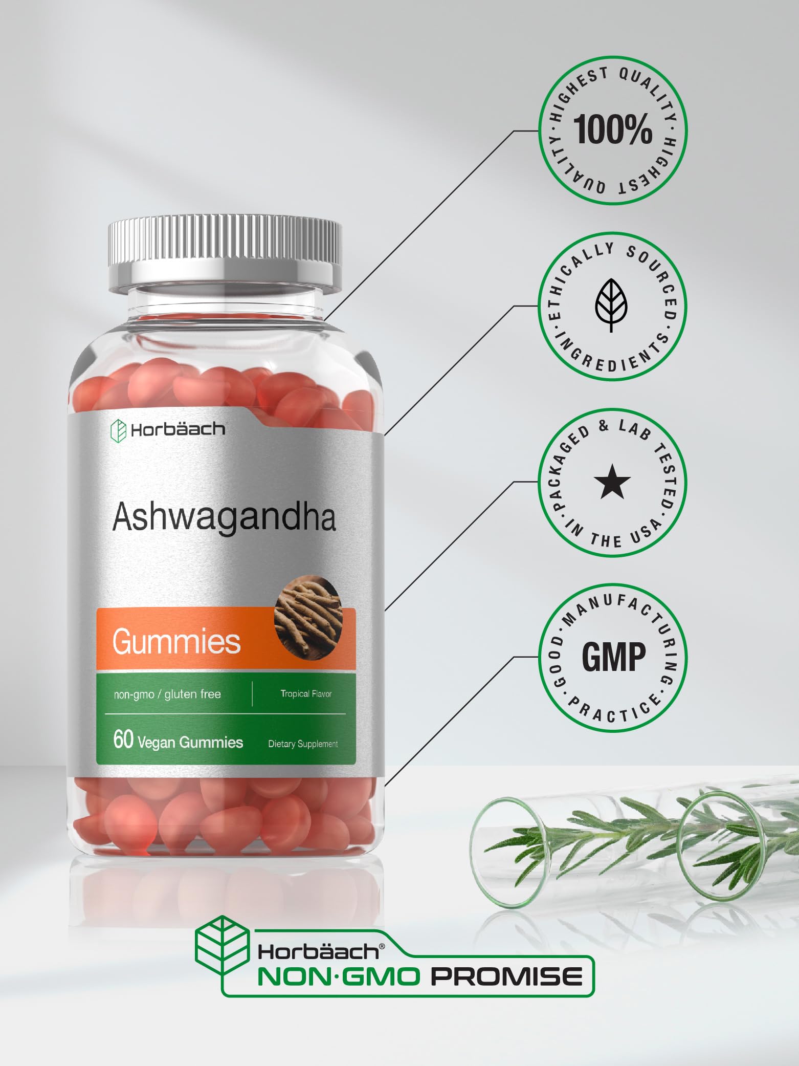 Gomitas Horbäach ashwagandha, no transgenicas, apoyo diario para el día.